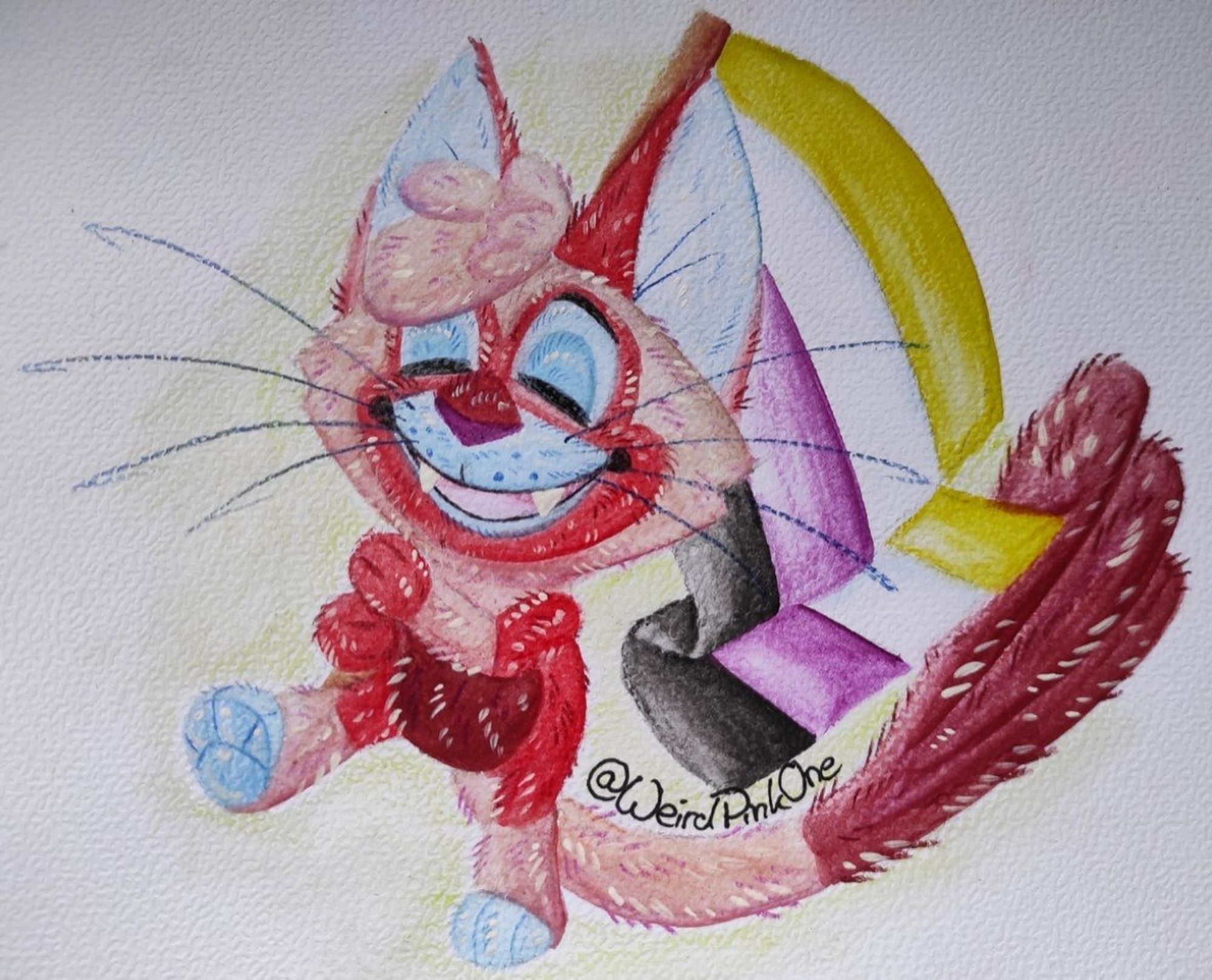 A red and pink cat with burgundy and blue accents (the account owners mascot) marching along, happy and smiling, with a nonbinary flag in their paws