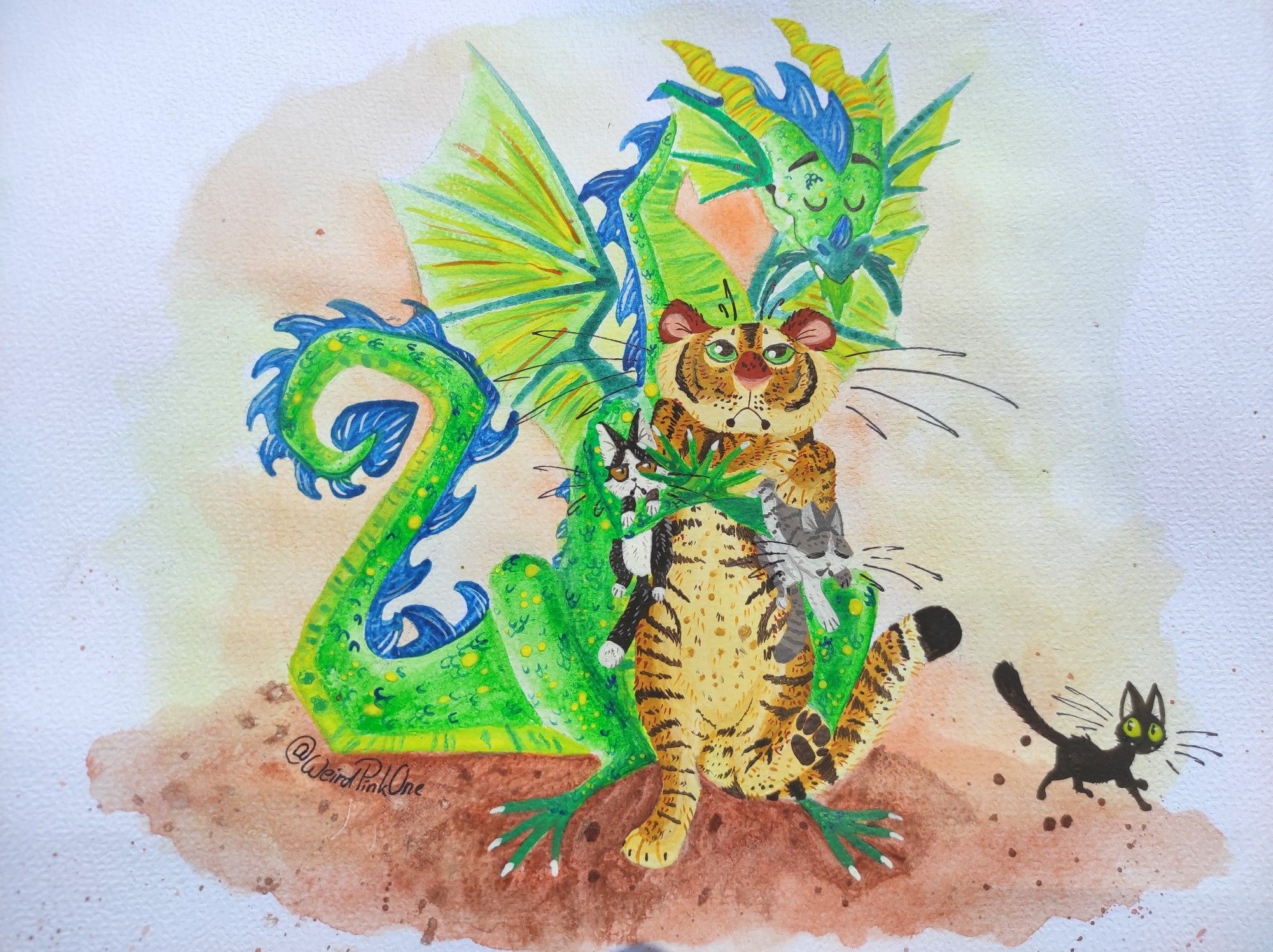 A big, winged, western dragon smiling happily, holding a black and white cat, a grey striped cat and a tiger tightly in his arms, while another black cat is slowly getting away from too much affection.