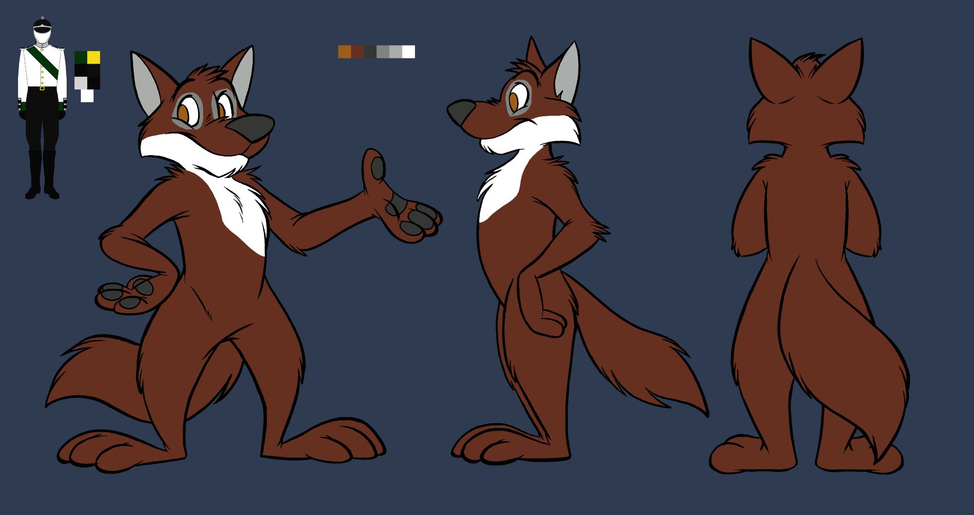 Reference sheet featuring my fursona, the red wolf Ceol.