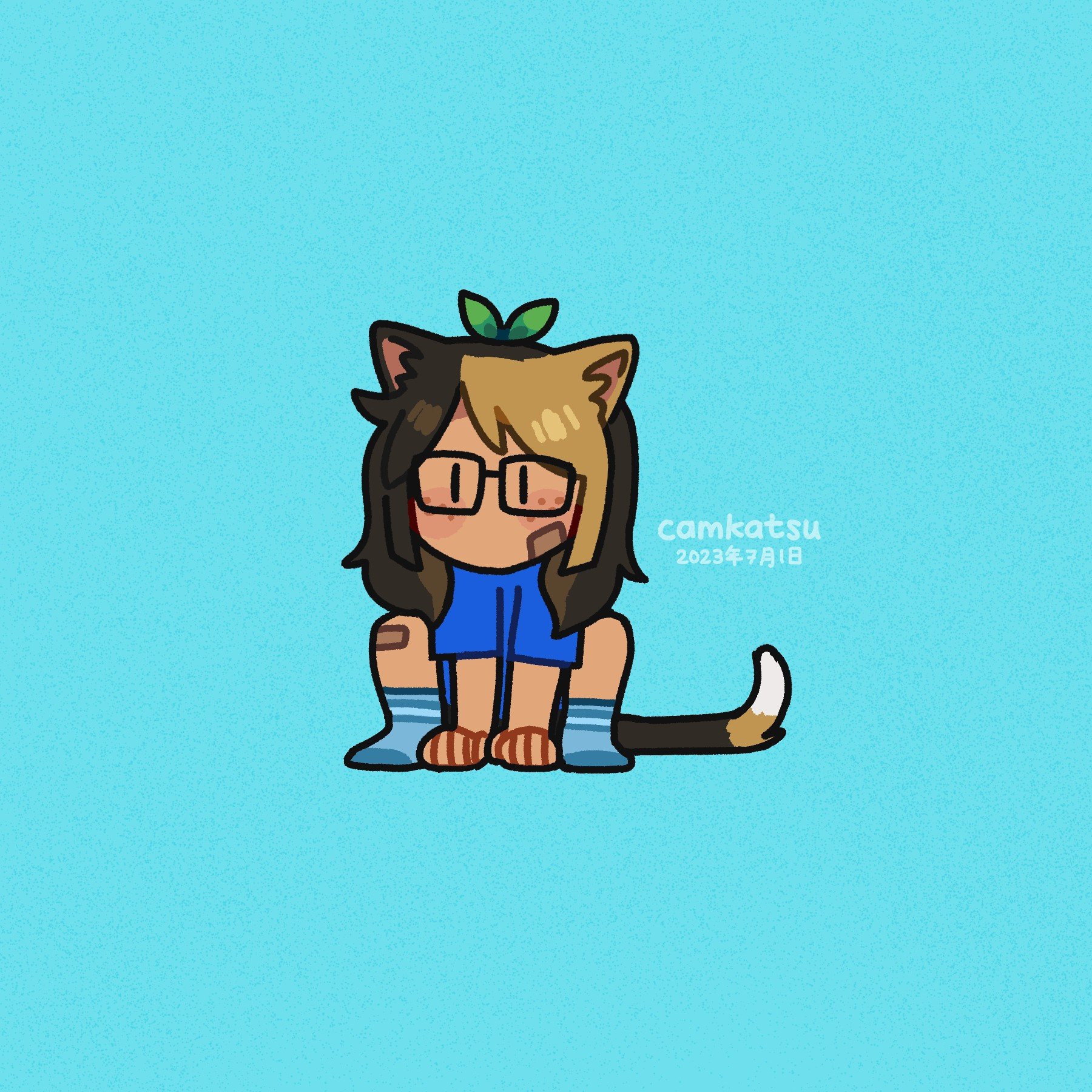 a simple digital drawing of a person with cat ears, glasses, and a sprout growing from the top of their head. they are sitting with their hands and feet touching the ground to imitate a cat sitting.