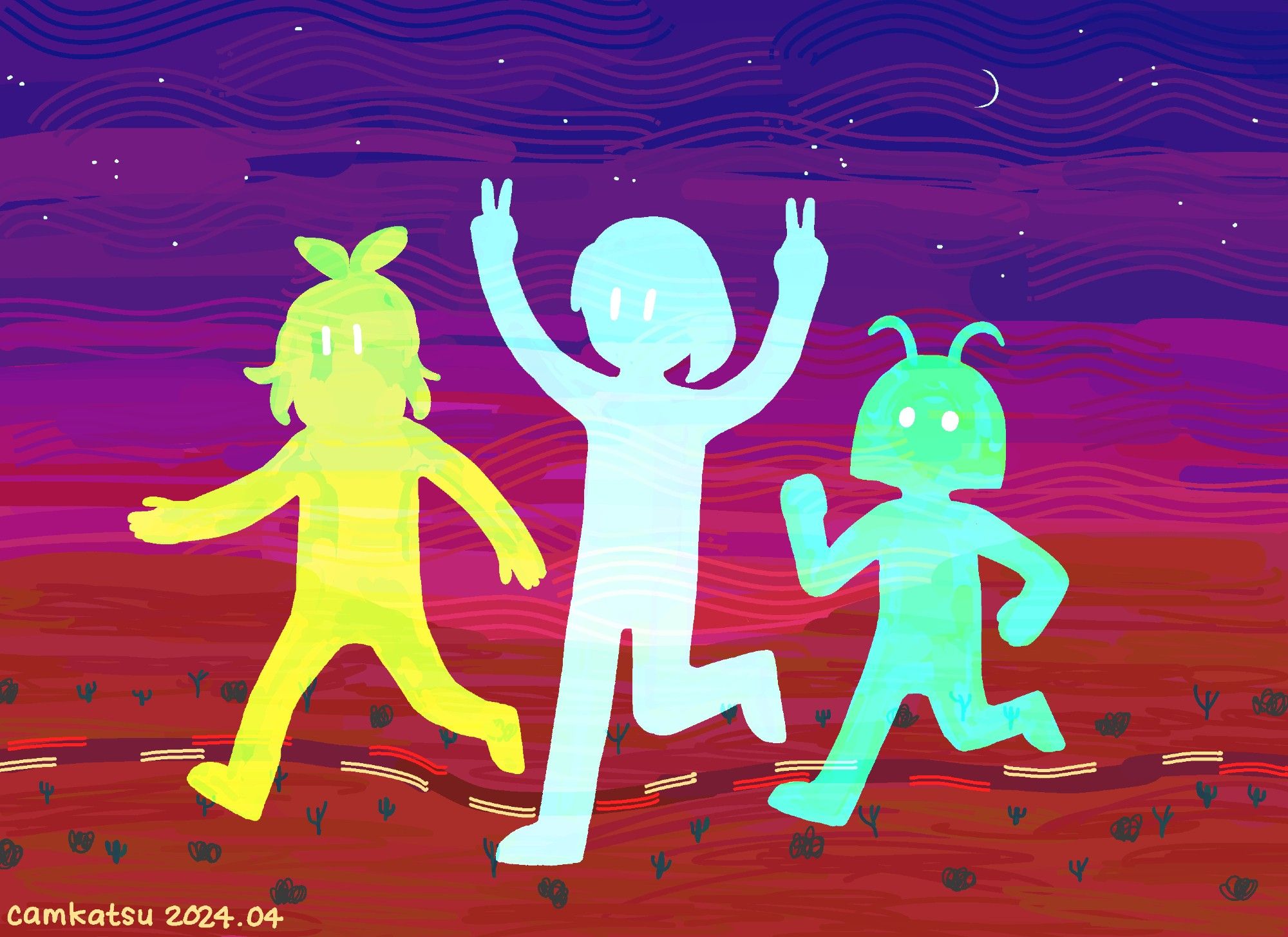 illustration of three giant glowing humanoid figures running and stepping over a desert highway at twilight. handwriting in the bottom left reads "camkatsu 2024.04"