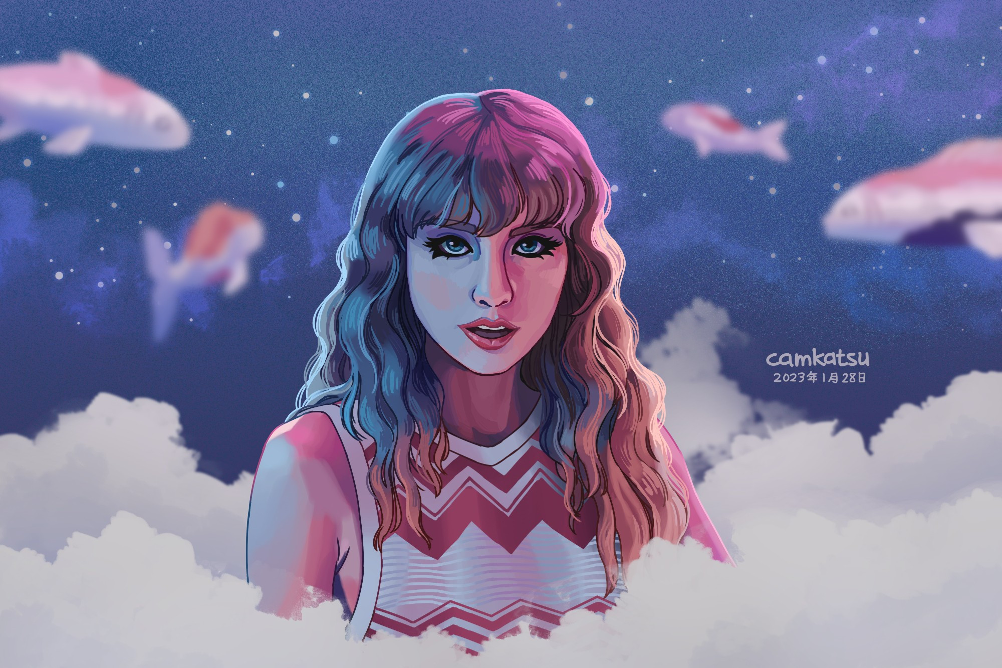 a digital portrait drawing of a blonde woman looking straight ahead. she is sitting in some light gray clouds. in the background, there are distant stars and floating koi fish.