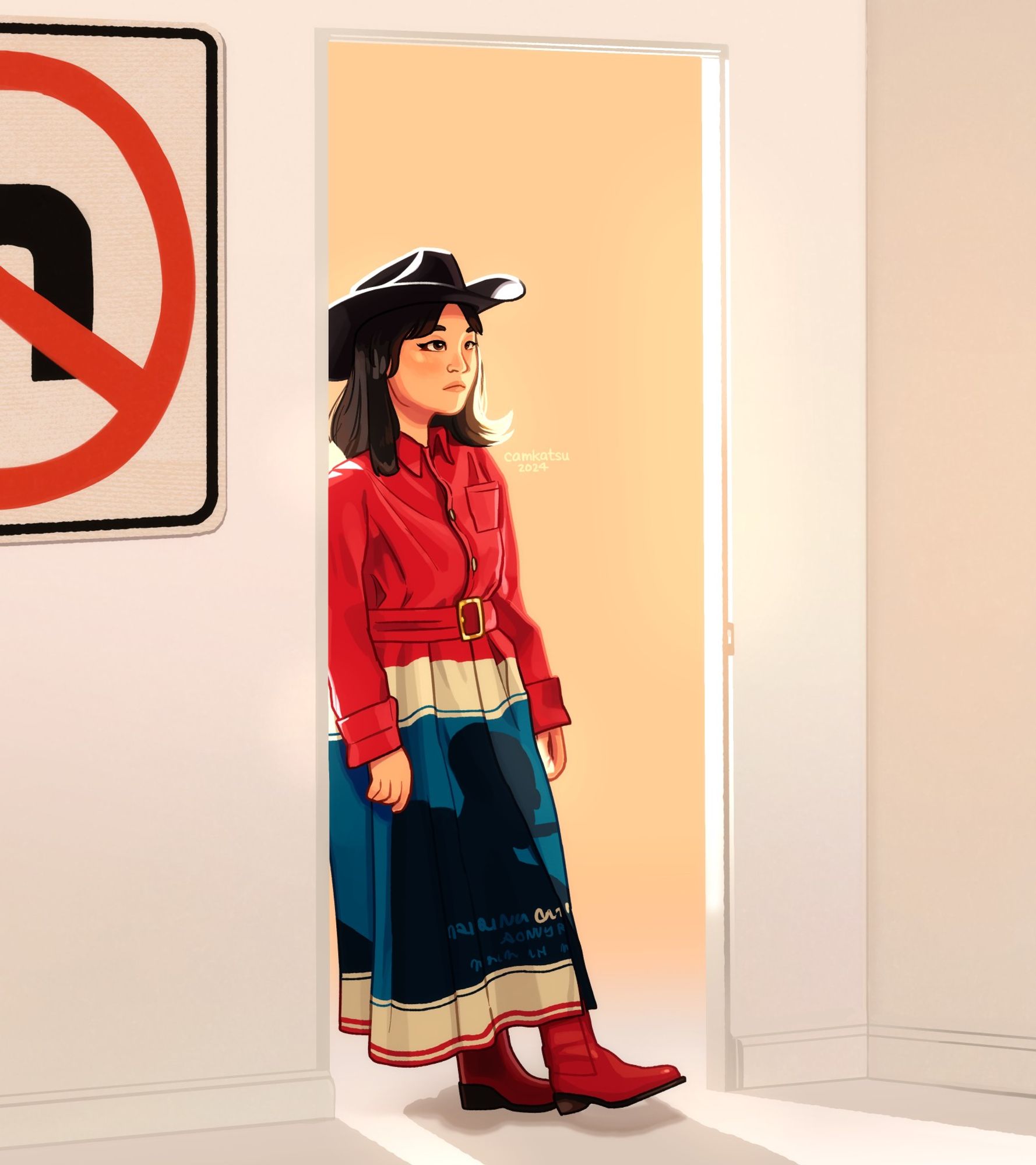 illustration of mxmtoon maia wearing a cowboy hat and standing in a doorway. a "no left turn" sign is on the wall to the left of the doorway. the image is signed "camkatsu 2024"