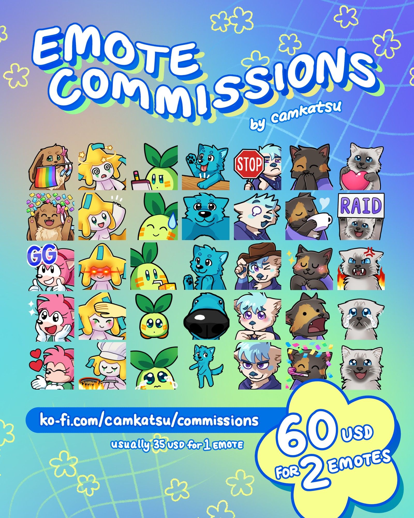 emote commissions by camkatsu; ko-fi.com/camkatsu/commissions ; usually 35 USD for 1 emote; 60 USD for 2 emotes