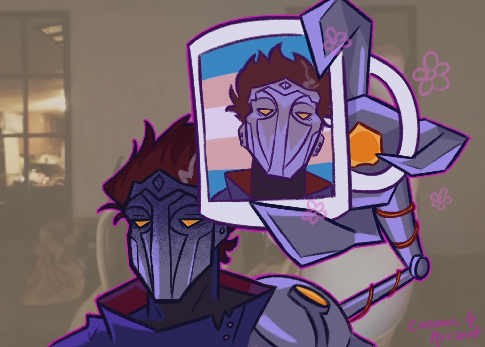 meme redraw of viktor league of legends. The delighted hexclaw is holding up a mug to the camera that has a dad selfie of viktor against a trans flag background. Viktor is sitting there looking ambivalent in comparison