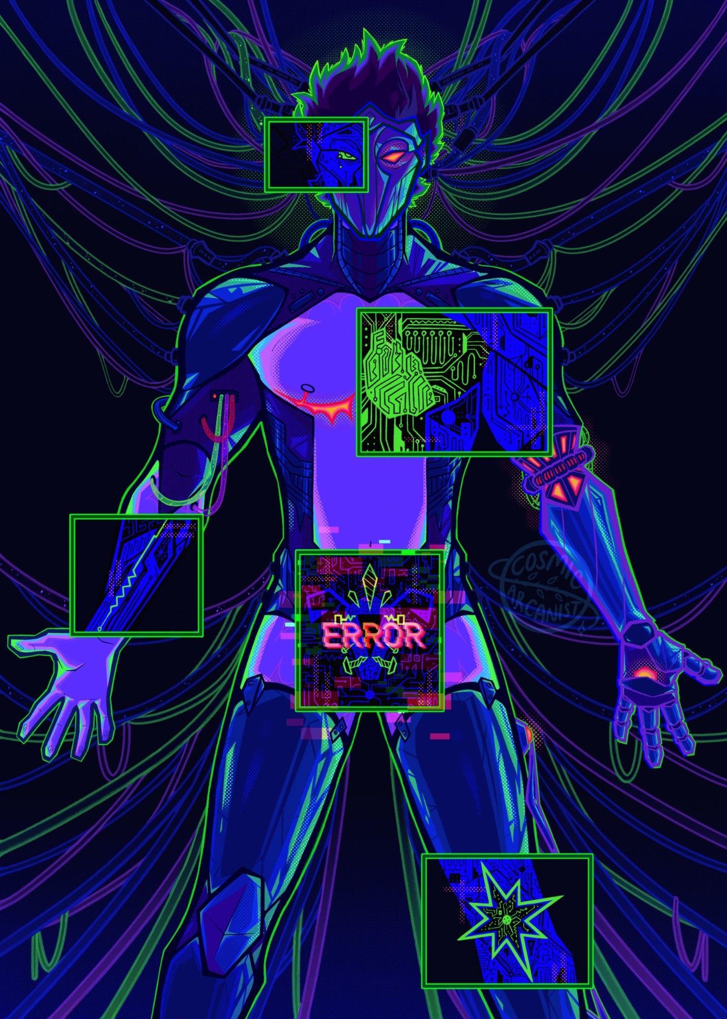 viktor (league of legends) hooked up by wires and tubes of blue green and red stands proud and bare before the viewer. Various boxes cover his form: one over half of his masked face, to reveal an angry tearful eye; one over his heart, revealing circuitry; one over his right arm, with a striking line cut down the middle; one over his left knee, starred out painfully; the last over his midsection, a uterus shape with large drills and spikes and nails in it. Over this one it reads ERROR glitched out. His augments are shining on full display, and he has glowing orange top scars to mirror his eyes of his mask and his prosthetic arm.