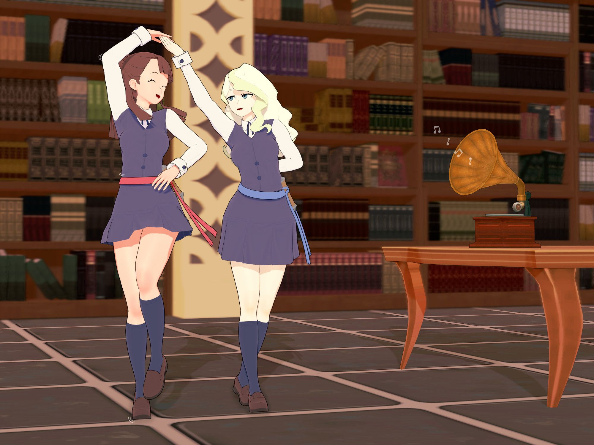 Diana and Akko are dancing, both are enjoying the dance.
They are in the Luna Nova library, in the corner you can see a gramophone playing what seems to be classical music.