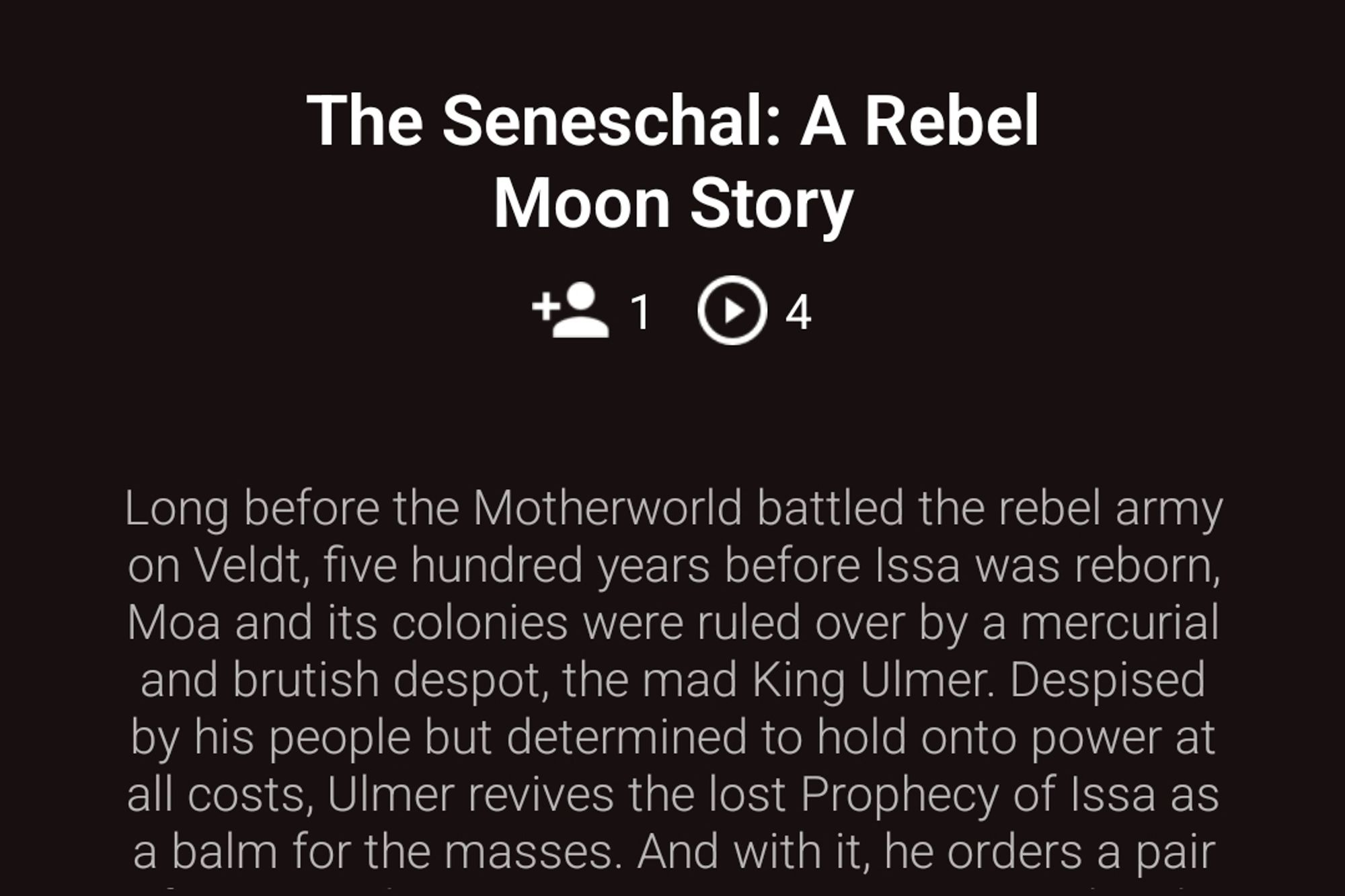 un pantallazo de la descripción del podcast de Rebel Moon “The Seneschal”