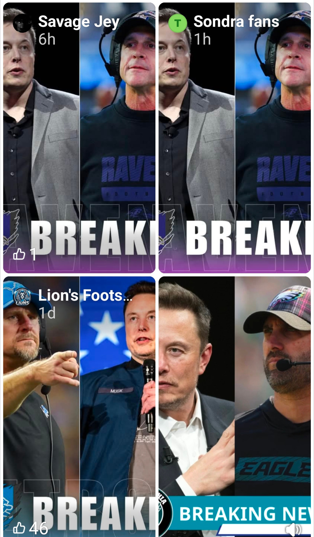 Screenshots of numerous social media accounts sharing a fake story on reels about the ravens rejecting a Tesla sppnsorship