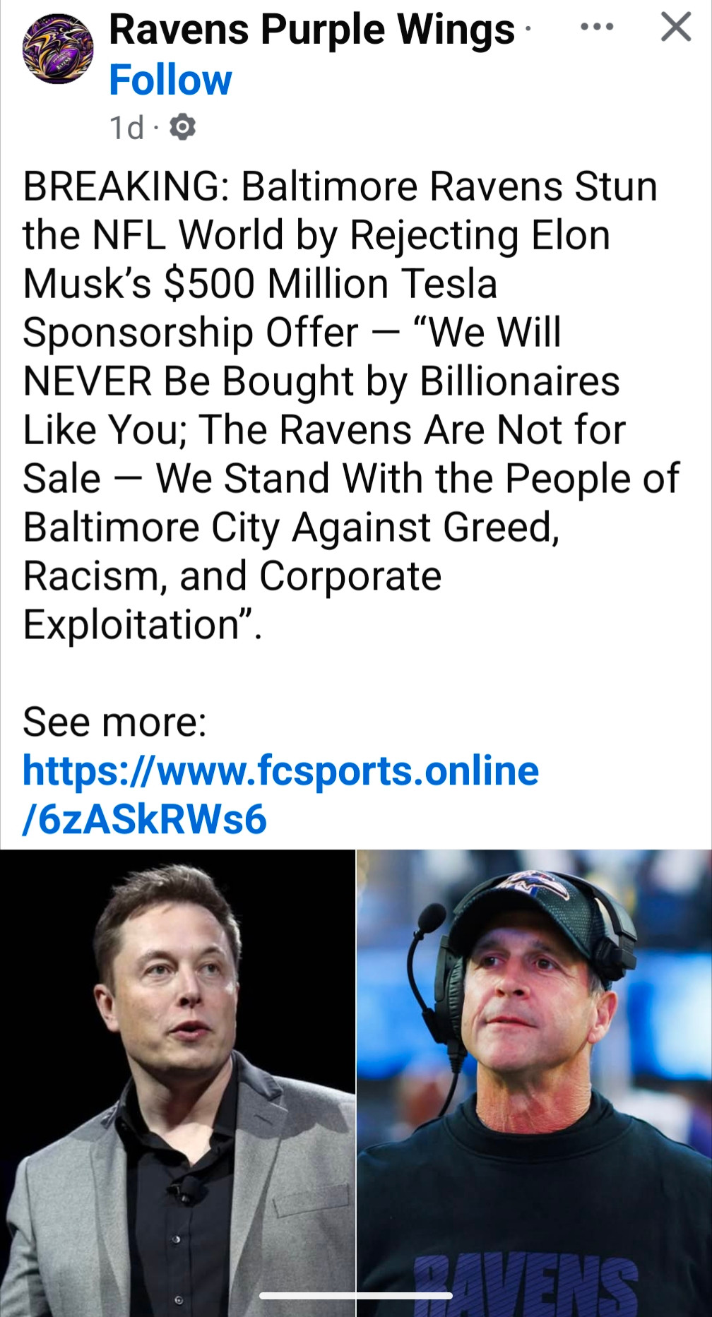 Screen grab of a fake story about the ravens rejecting a Tesla sponsorship on moral grounds