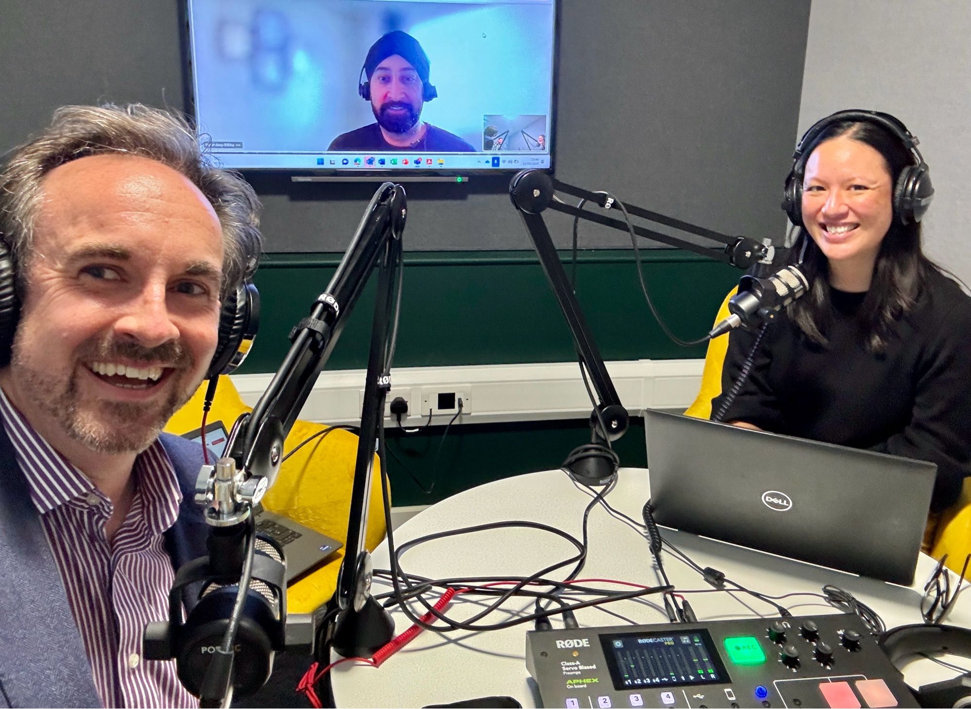 Three optometrist clinical advisers Denise, Paramdeep & Daniel recording a podcast, in the studio with microphones & recording equipment