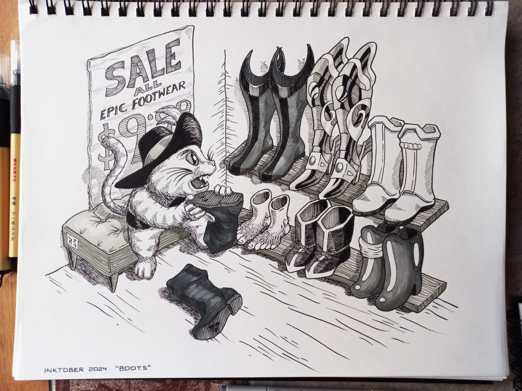 The cat from Puss in Boots sits in a shoe store and takes off his worn-out boots, ready to pick a new pair from the shelf, which displays six pairs of boots from movies and series.