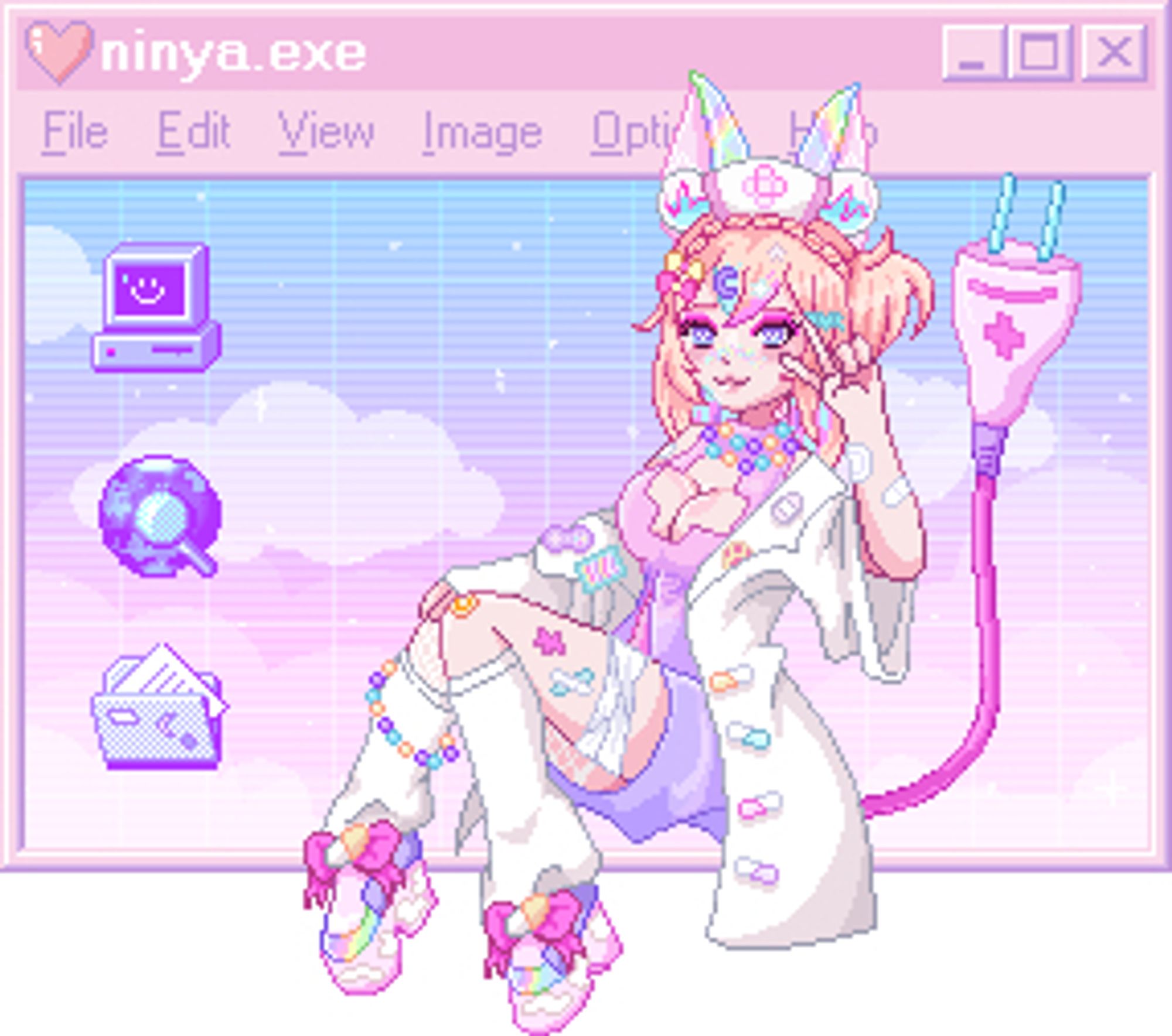 Vtuber Model Ninya in Pixel Art. Sie sitzt in einem Windows 95 Fenster in pinken Farben