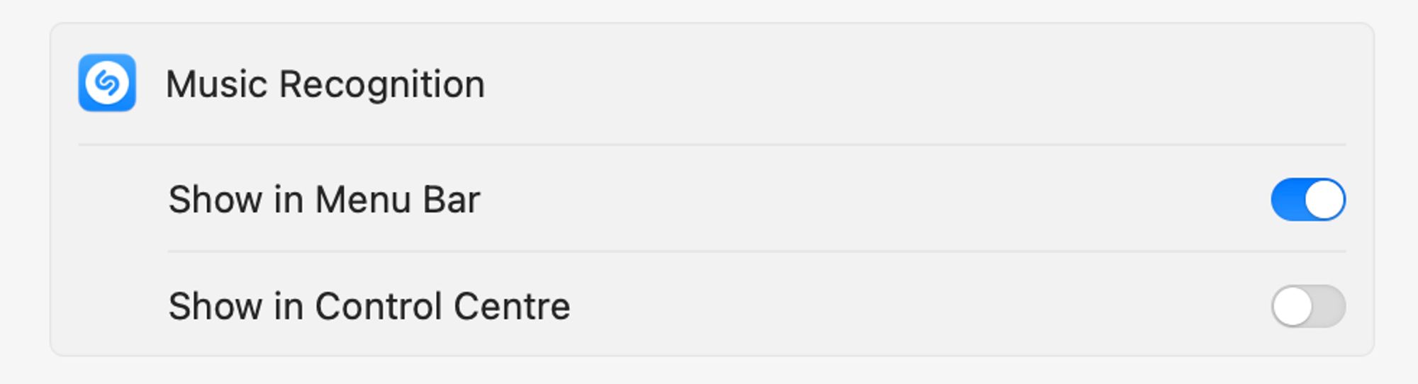 screenshot of macOS Control Centre option for "Music Recognition" powered by Shazam