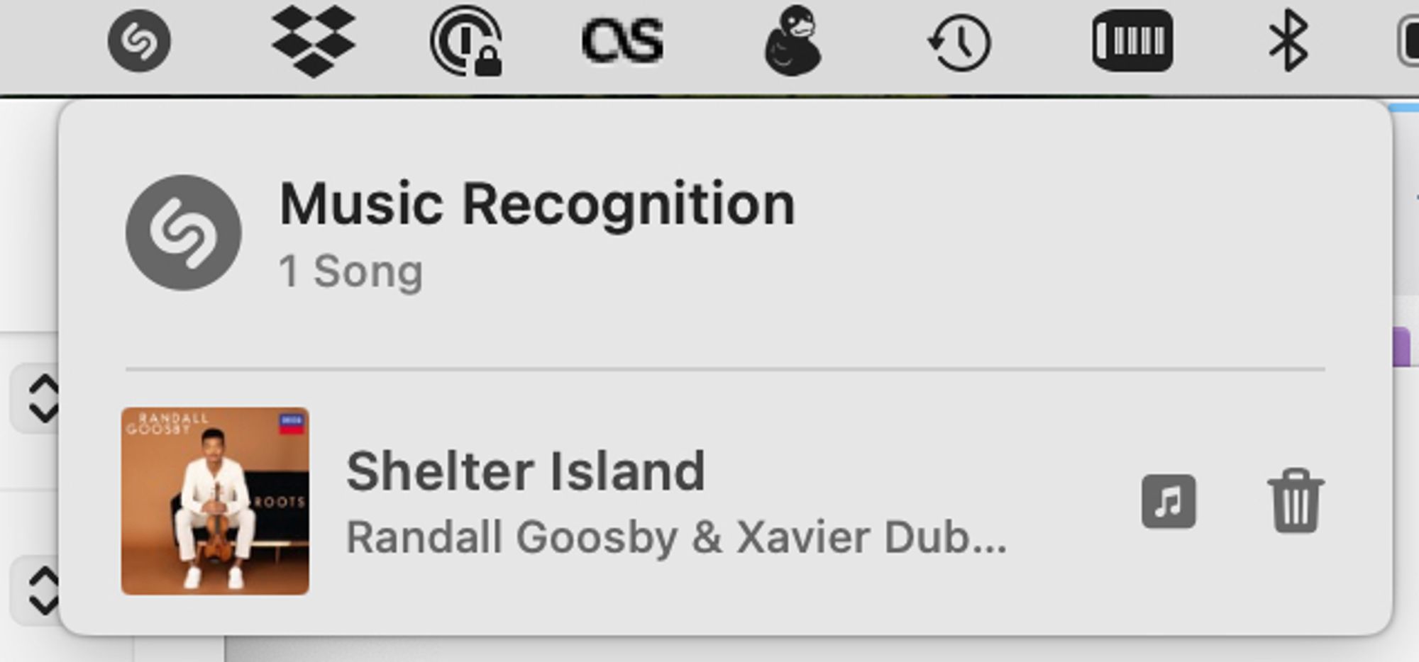 screenshot of Shazam identifying a track playing from BBC Radio 3 via the stereo. "Shelter Island" by Randall Goosby and Xavier Dubois Foley