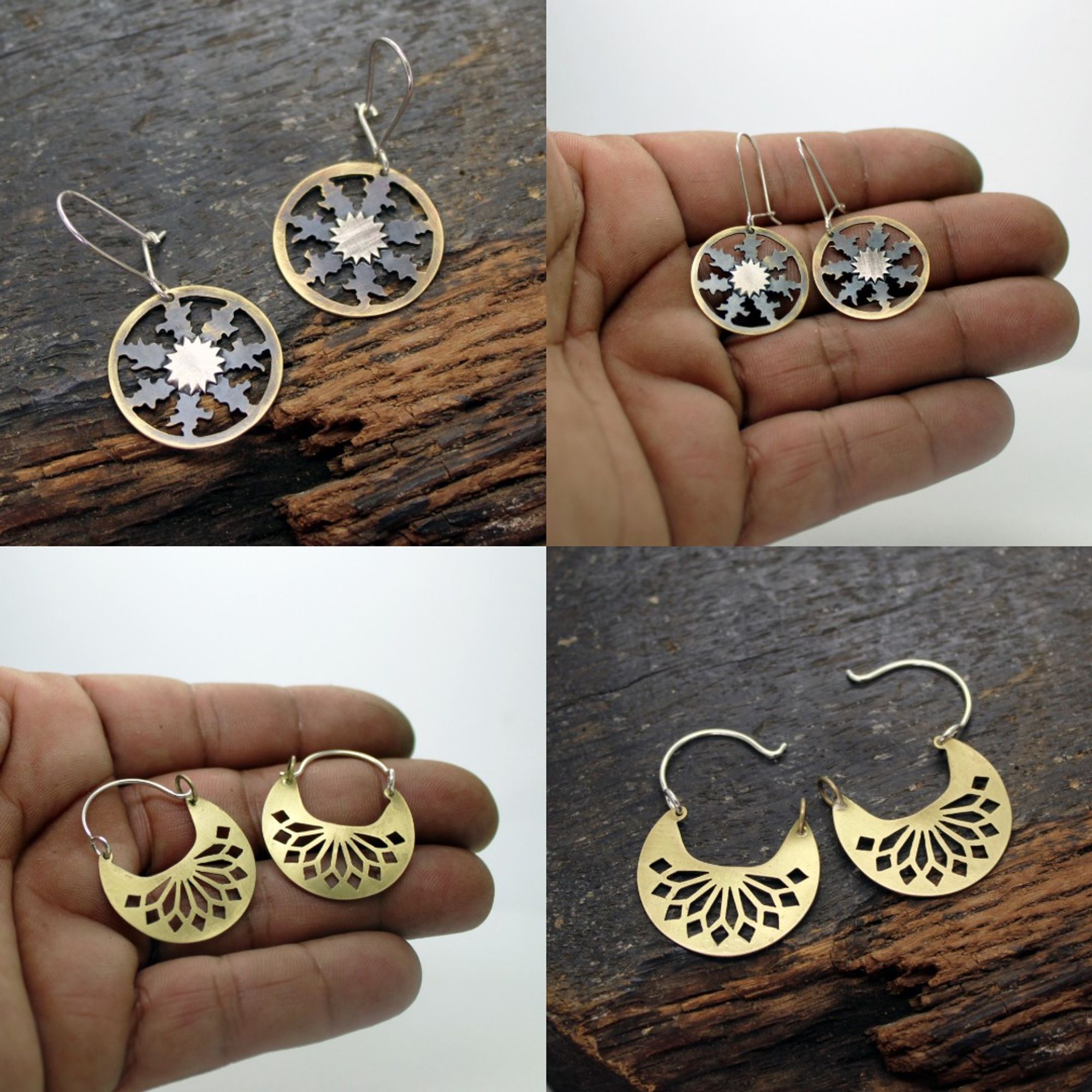 En la imagen se ven dos modelos de pendientes.

Por un lado, unos pendientes colgantes circulares de latón con un diseño inspirado en la flor Eguzkilore. El borde es de latón envejecido y la parte central está decorada con una pieza de plata, que contrasta con los detalles recortados en forma de hojas alrededor. Hechos a mano, los pendientes tienen un acabado artesanal y un gancho sencillo de plata 925 para las orejas.

El otro modelo es de unos pendientes colgantes de forma semicircular hechos de latón. El diseño presenta cortes geométricos que forman un patrón de abanico o rayos de sol. Los pendientes tienen un gancho circular de plata 925 para colgar de las las orejas, y el latón muestra un acabado liso y brillante. Hechos a mano, combinan simplicidad y elegancia.