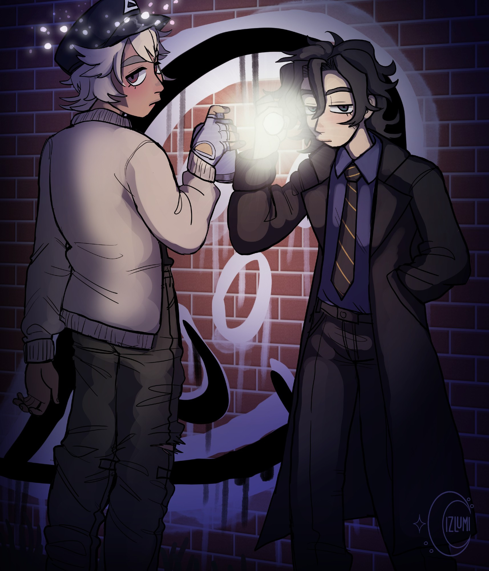 Two figures stand in front of a brick wall with a spray-painted ghost on it. The left figure is wearing casual clothes and holding a spray paint can, there is a broken halo above their head. The figure on the right is wearing a black and blue suit with a black trench coat, holding up a flashlight towards the viewer.