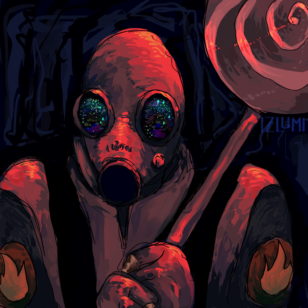 A drawing from 10 years ago of Pyro from TF2. The lighting is rather dark blue and their red fire-proof suit shines with bright reds on highlighted areas like the head and shoulders. Their weapon, the lollichop, shines with a red glow as well. In the reflection of their gas mask goggles, you can see rainbow-y colors and many sparkles and twinkles.