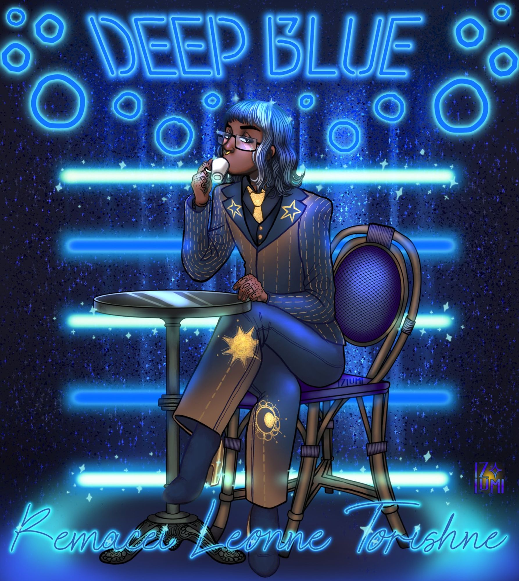 A well-dressed character, wearing a navy-blue suit with gold accents. He is sitting at a cafe table sipping from a small cup. Behind him are alternating blue and white neon lights, glittery blue curtains, and a neon sign with his casino's name in neon lights, aptly named "Deep Blue". His name is written in full at the bottom of the image. He/him.