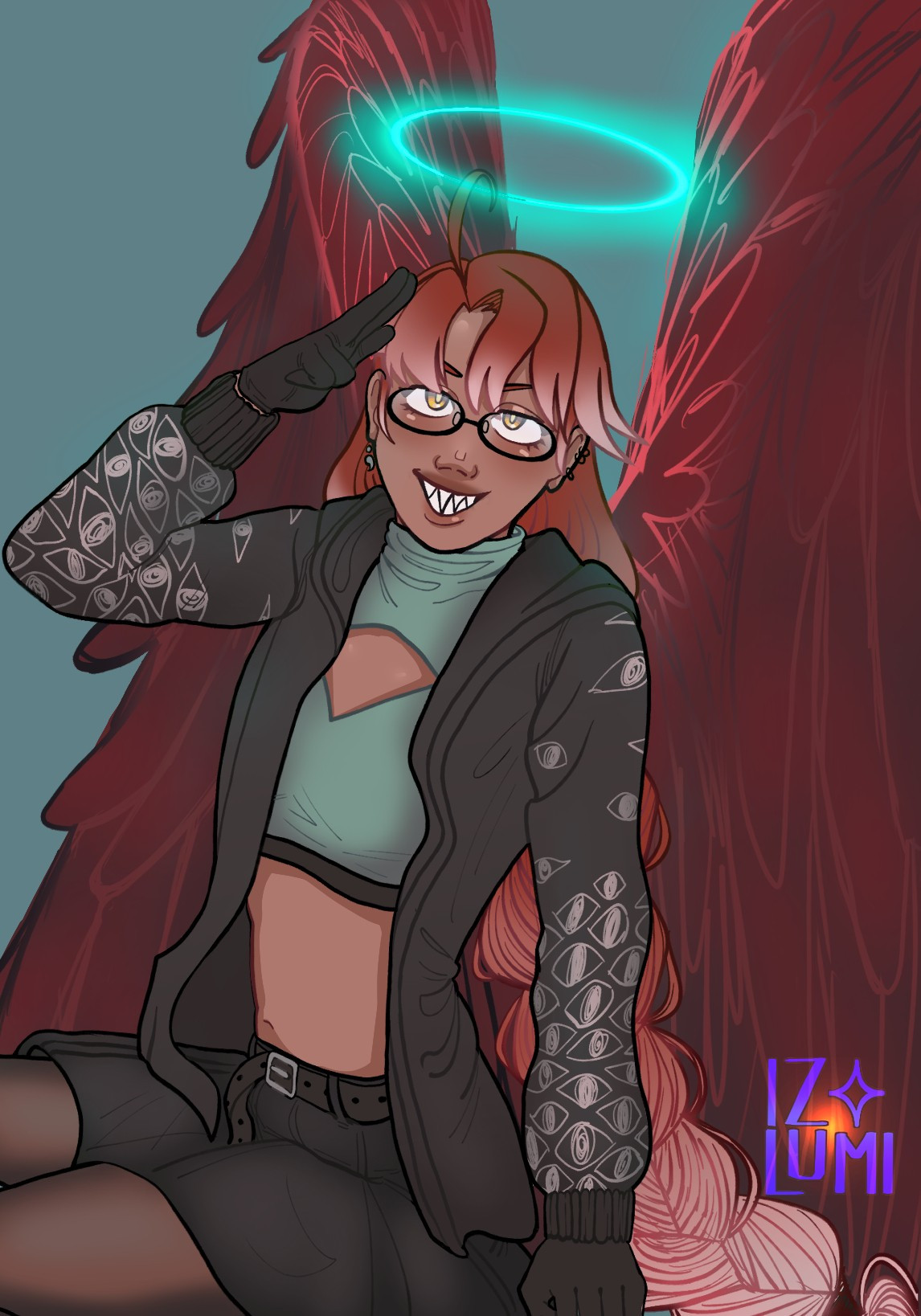 Art of an oc (Zaiho) with red hair, dark-red wings, black skirt with white eyes on the gray hoodie. Also wearing black gloves and dark tights.  Their halo is a bright teal color. They are grinning with sharp teeth and their glasses shine a bit.