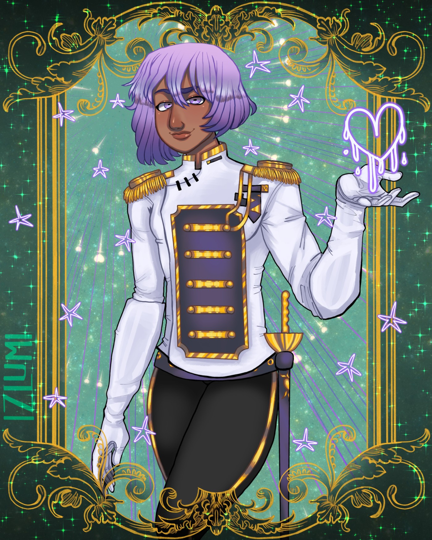 A princely character named Sidonai, with lavender-colored hair and eyes and tawny brown skin. He has a slender frame, and wears a white, gold, and gray suit piece with gold epaulettes and matching white gloves. He has a fencing sword holstered to his hip. He holds up his left hand with a glowy, dripping heart in his hand. He is bordered by a gold frame that is hand-drawn.