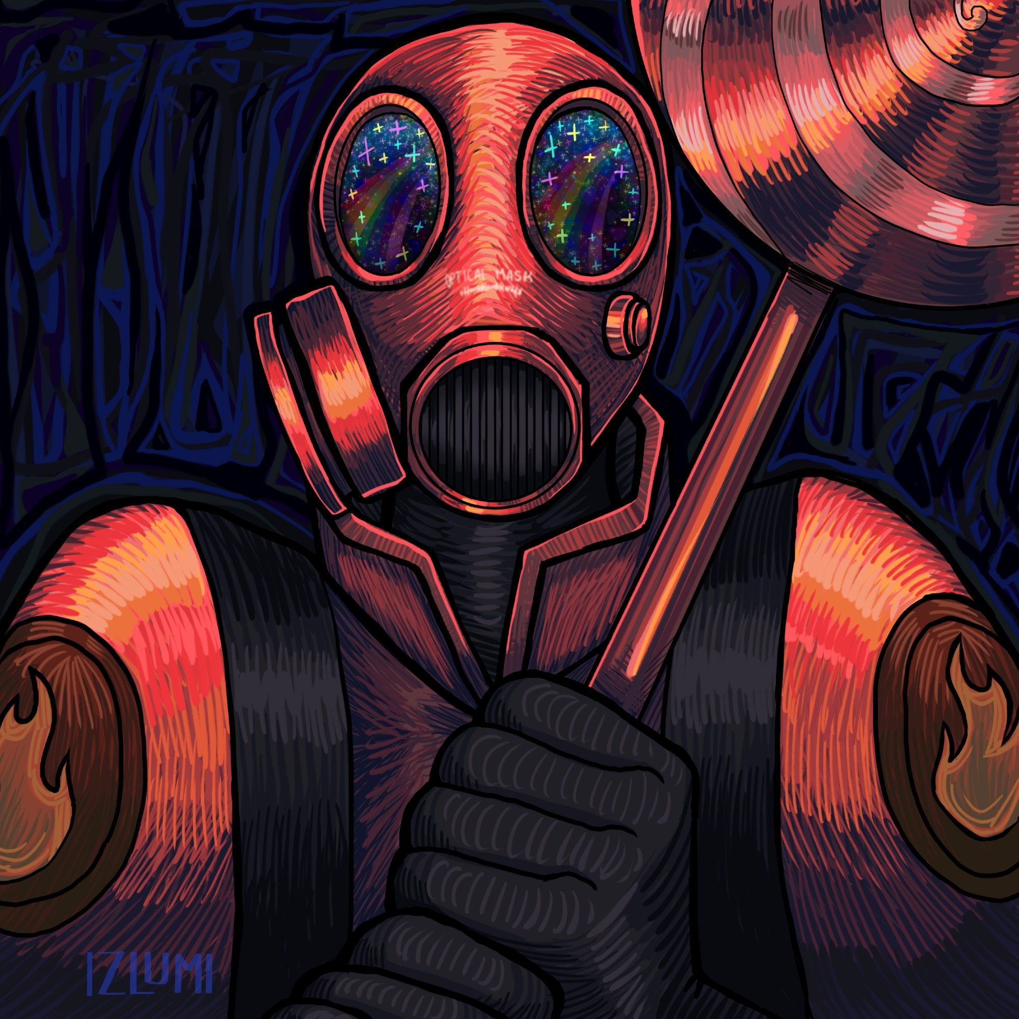 An updated drawing of Pyro from TF2. They are on a dark blue background and their flame-proof suit shines with red highlights. Their weapon, the lollichop, shines in a similar way. In the reflection of their gas mask goggles, you can see rainbow-y colors and many sparkles and twinkles.