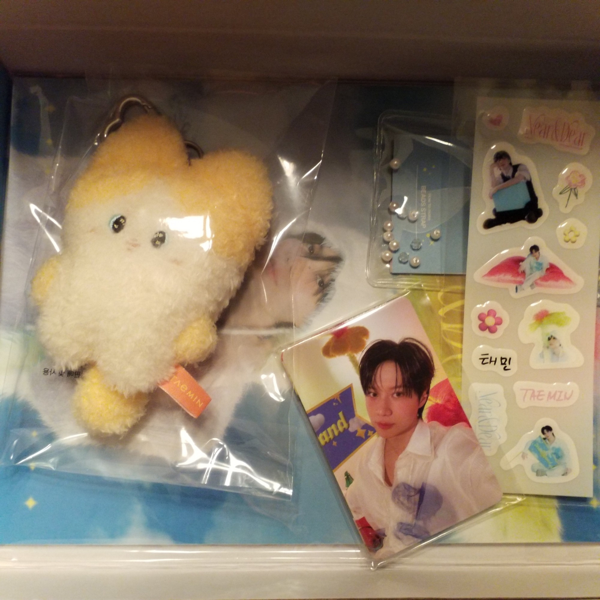 Near & Dear -- The First Official Fanclub
Box contents that includes photocard set, Taemin catdoll keychain, photobook, stickers, diy bead strap