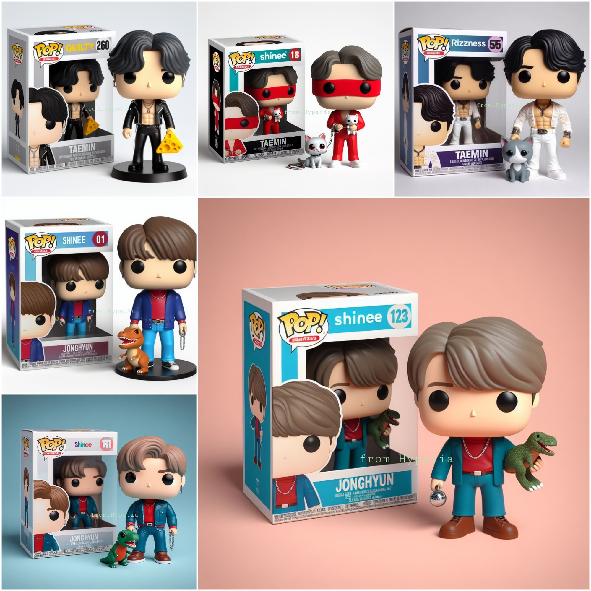 Fake pop figures of Taemin and Jonghyun. 
Taemin with wedge of cheese. Taemin with cats. 
Jonghyun with dinosaurs.