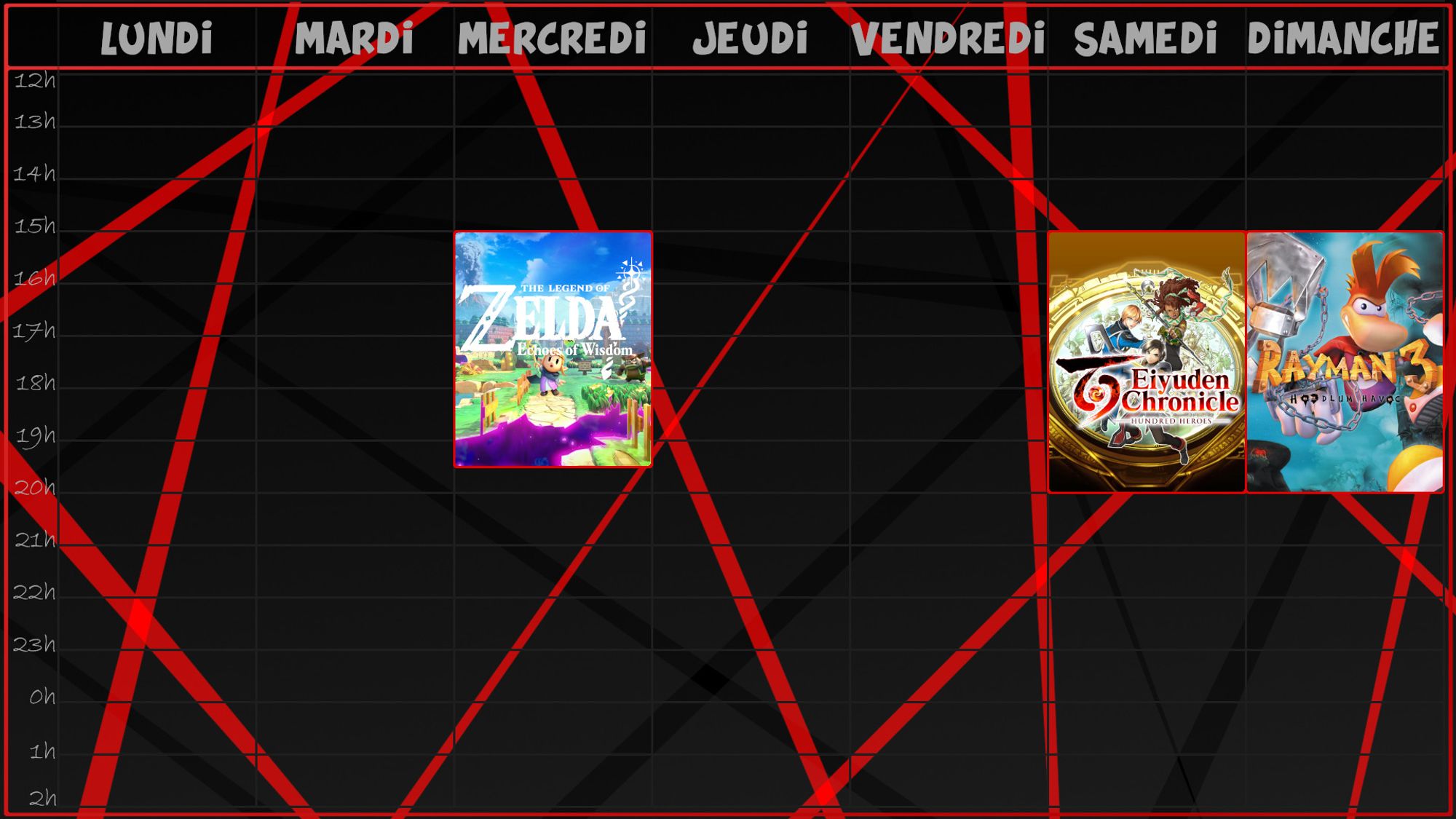 -Mercredi, de 15h jusqu'à 19h30, on continue notre avancée de l'histoire de The Legend of Zelda Echoes of Wisdom;
-Samedi, de 15h jusqu'à 20h, on relance enfin Eiyuden Chronicles;
-Et Dimanche, de 15h jusqu'à 20h, le deuxième et dernier live sur Rayman 3 Hoodlum Havoc ! On termine le jeu, on fais tous les mini-jeux, et on regarde tous les extras !