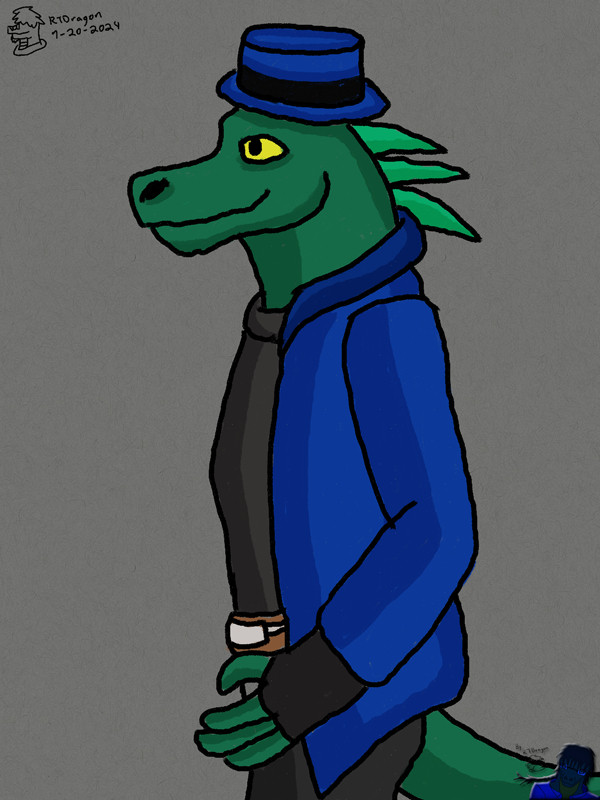 Green Lizard wearing blue hat with black trimming, blue jacket, black shirt and jeans.