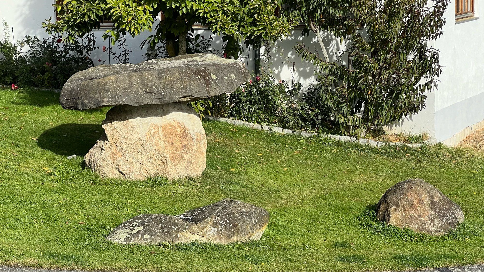 Auf der grünen Wiese stehen mehrere große Steine. Zwei davon sehen aus wie ein großer Steinpilz. Als Stiel dient hier ein gelblich-heller Stein, darauf liegt ein dunkler größerer.