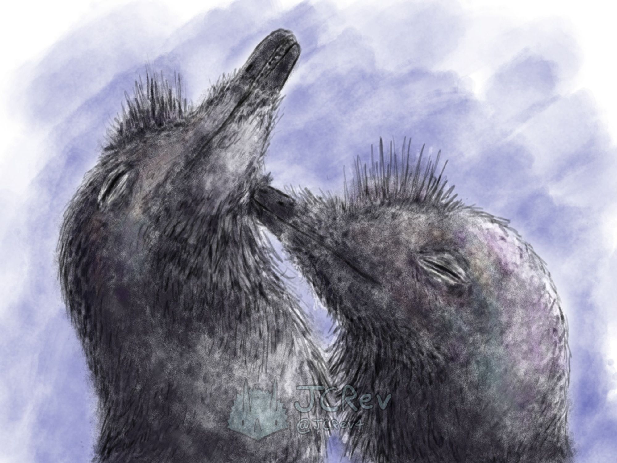 A digital painting of two male Halszkaraptors nuzzling.