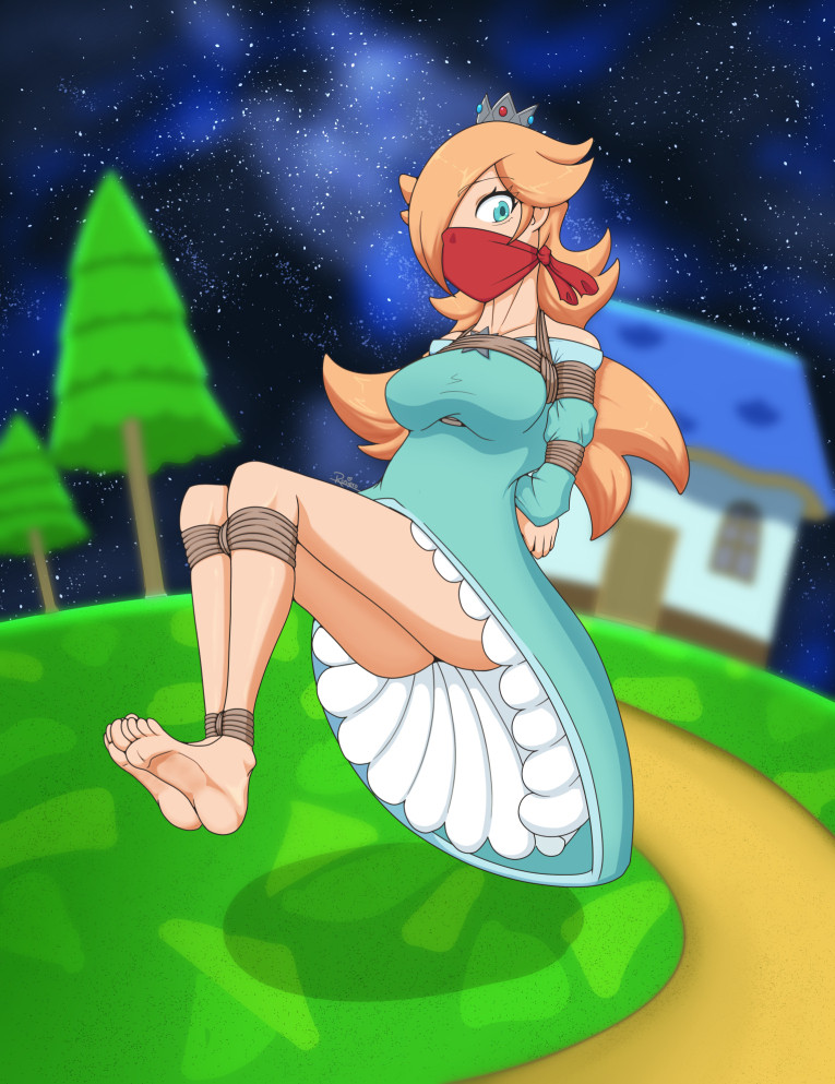 Rosalina from Super Mario Galaxy, bound with rope and gagged with a red OTN, floating above the ground in Gateway Galaxy.