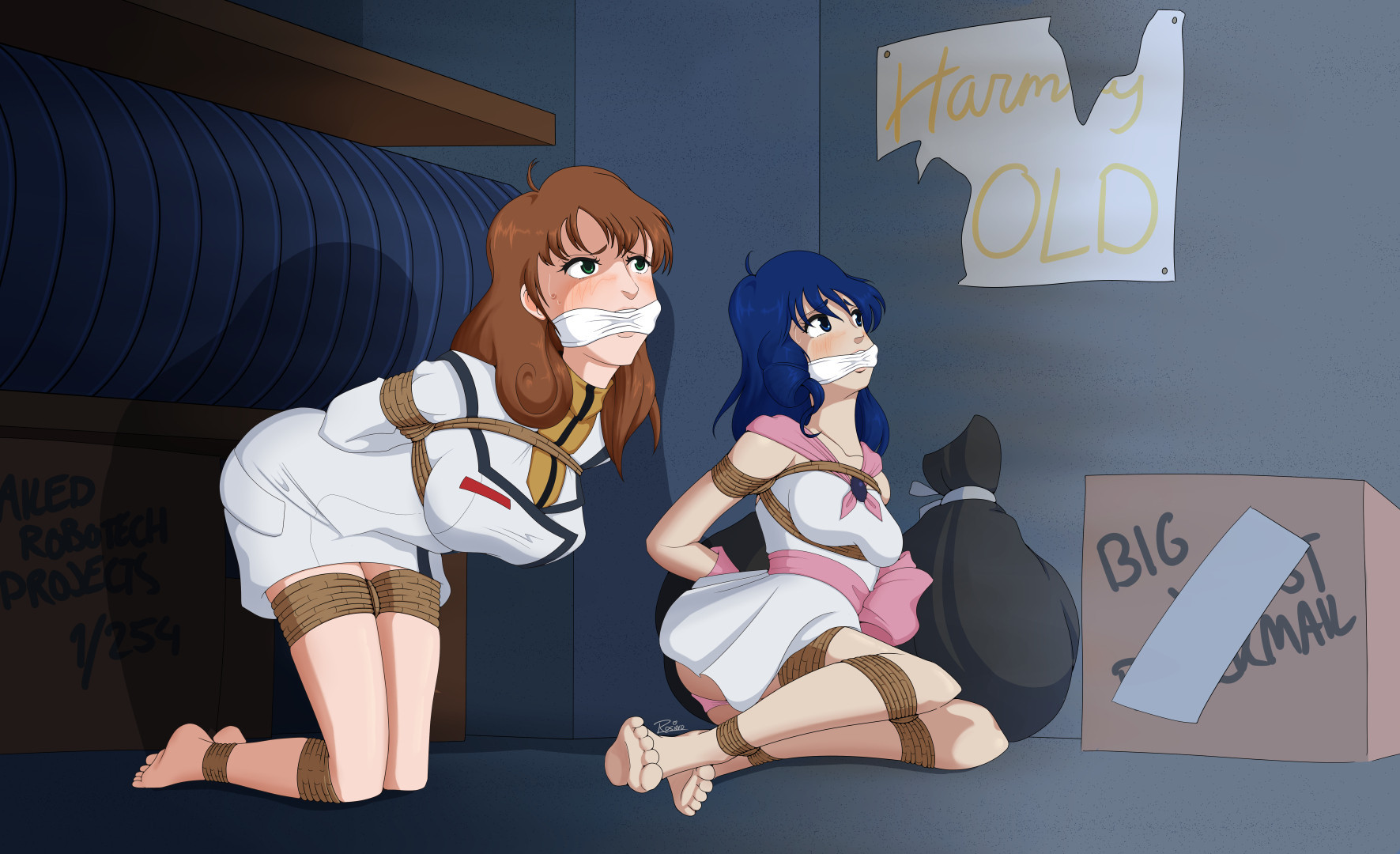 Misa Hayase and Lynn Minmay from Macross bound and gagged in the film vault of Harmony Gold