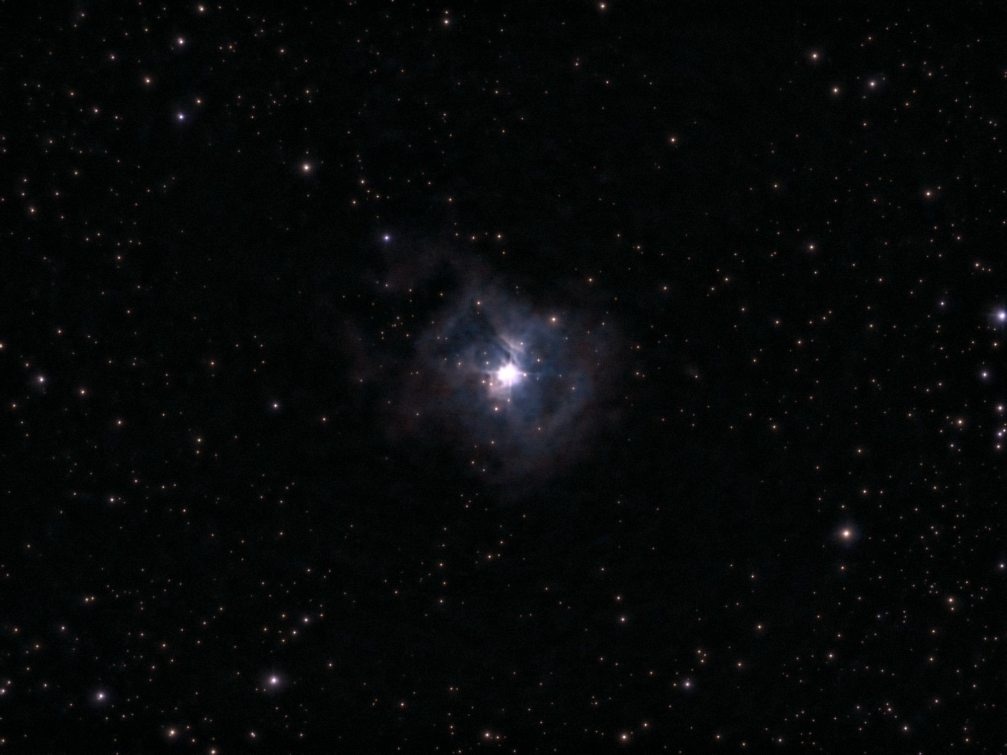 A telescopic image of a field of stars. There's a bright star at center that is surrounded by an irregular cloud of bluish-white gas.