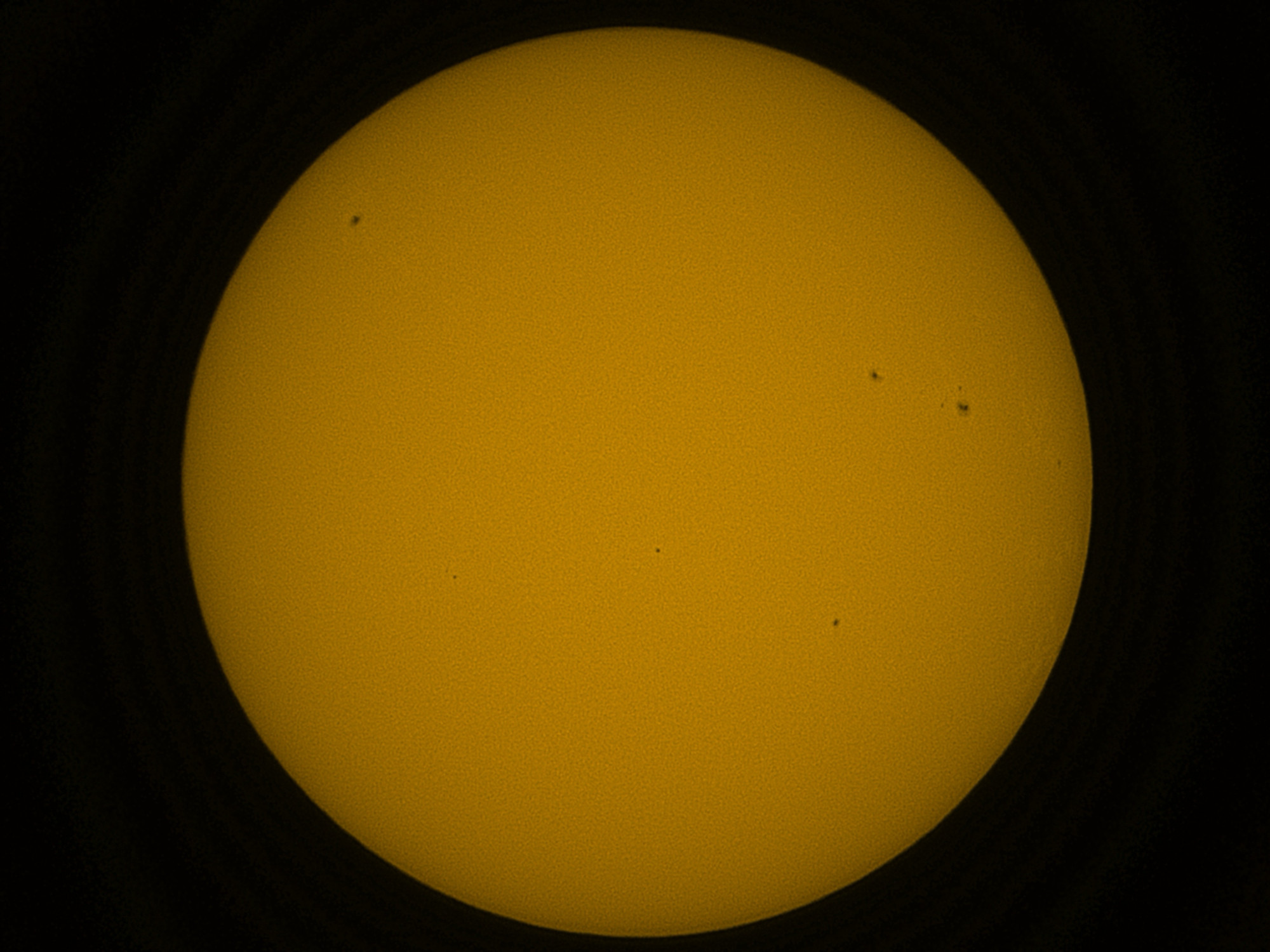 Image of the Sun with several dark sunspots visible.