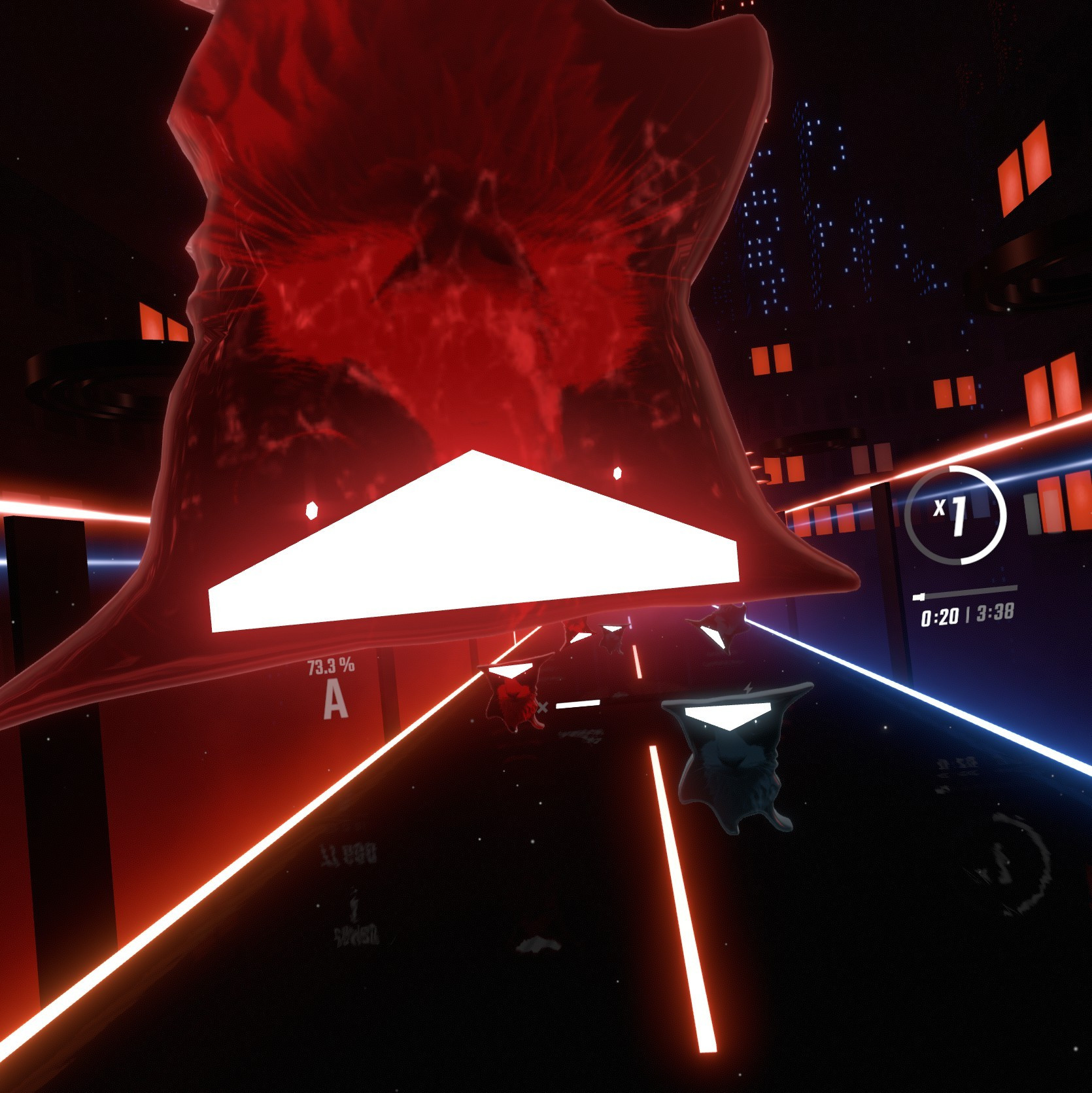 an inconvenient close up of a note in beat saber, but shaped like soggy cat!!! his eyes are beautiful and they glow and all, which is very cool but thats basically it, you can see more soggies further out too