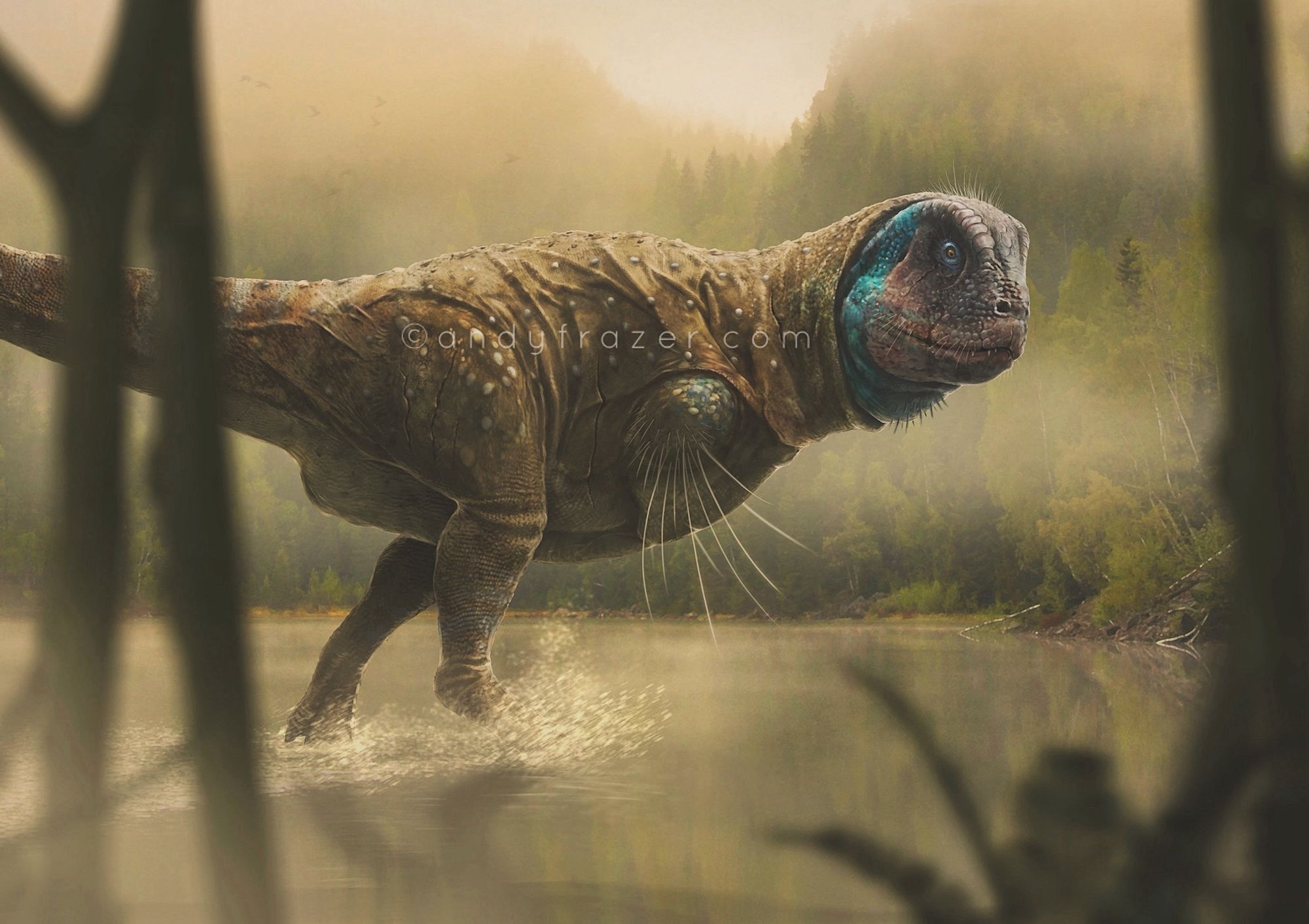 A digital illustration of an abelisaurid dinosaur, walking through a mist-shrouded lake. 
The dinosaur walks on two legs and has a short, blunt head with powerful jaws. It has no visible forelimbs, but long pale quills emerge from its torso near where the arms would normally be.