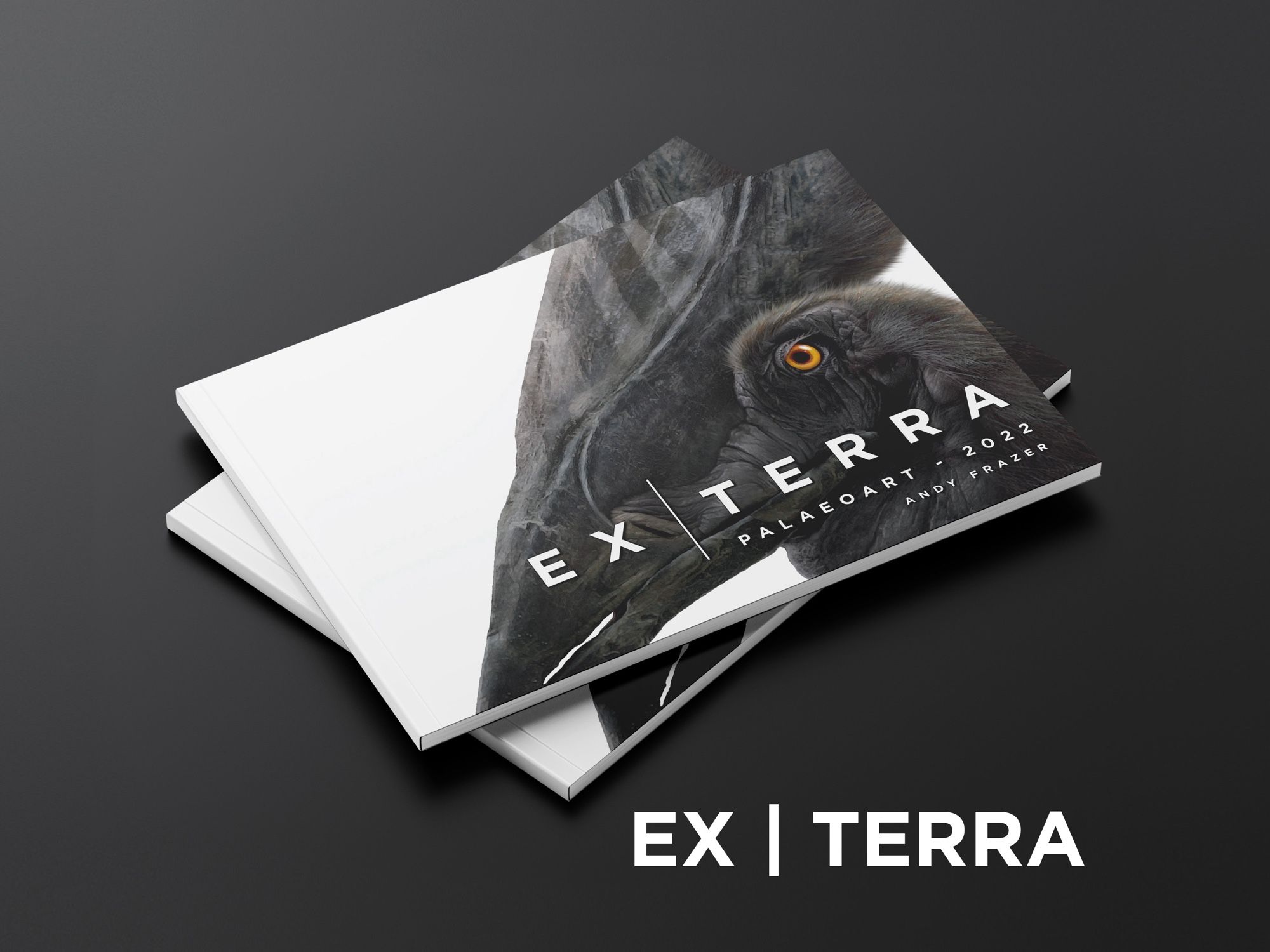 A promotional picture of the Ex|Terra book - a collection of my palaeoart work.