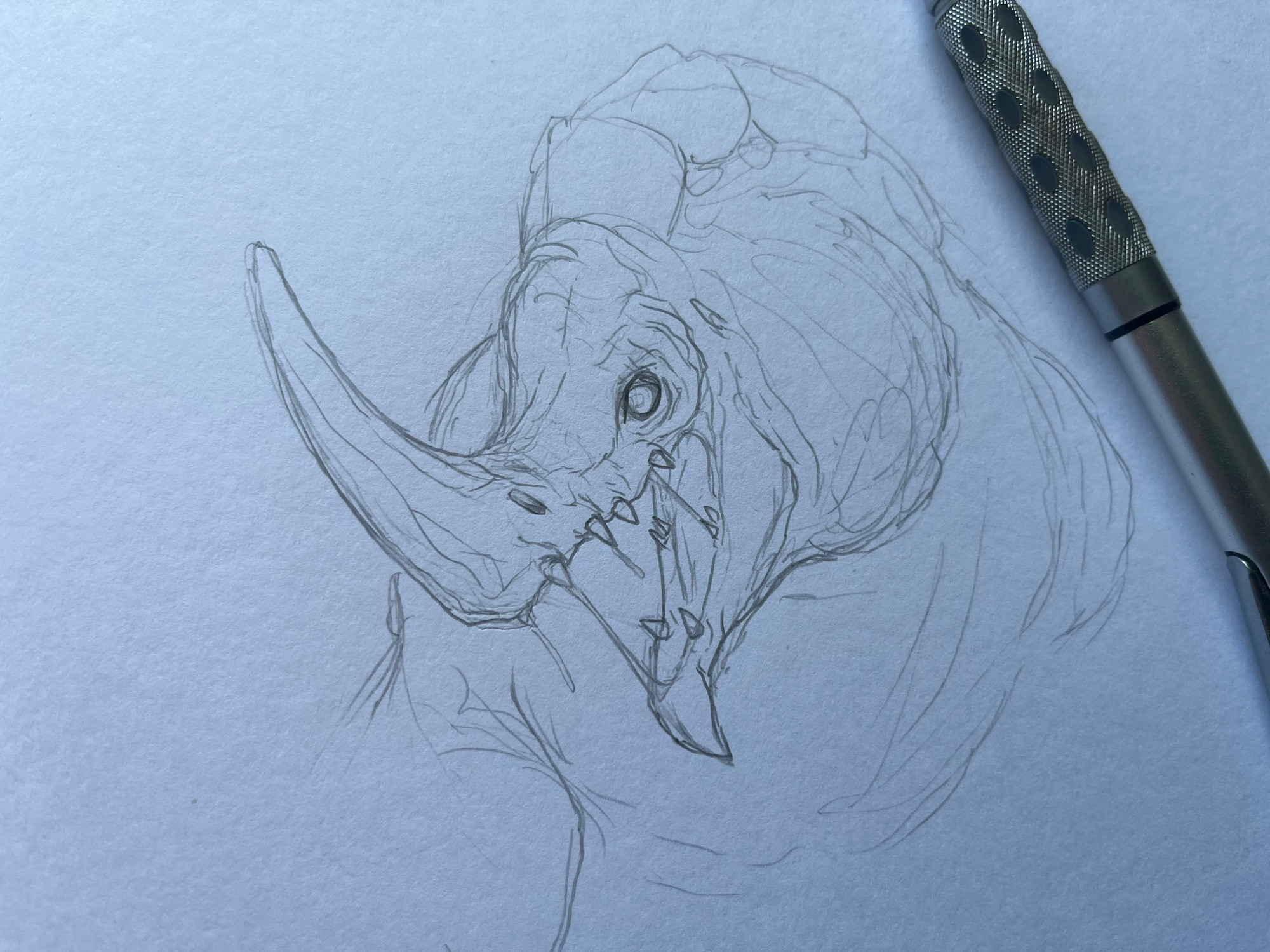 Close up of a very rough work-in-progress sketch of an angry, roaring dragon. 