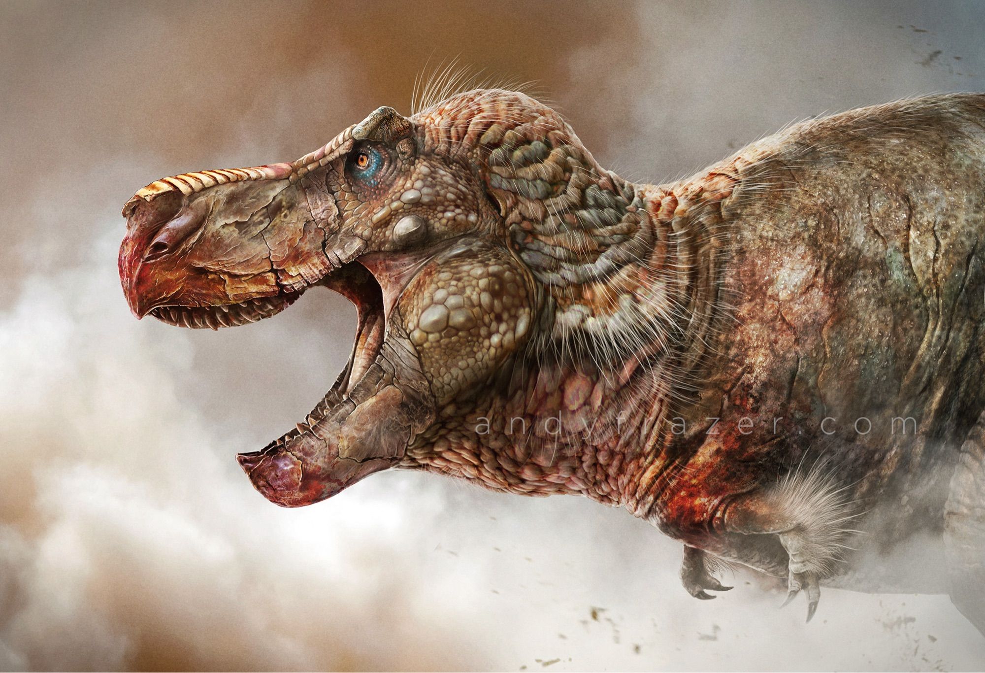 A close up of a fearsome and blood-stained tyrannosaurus, engulfed by a dust storm.