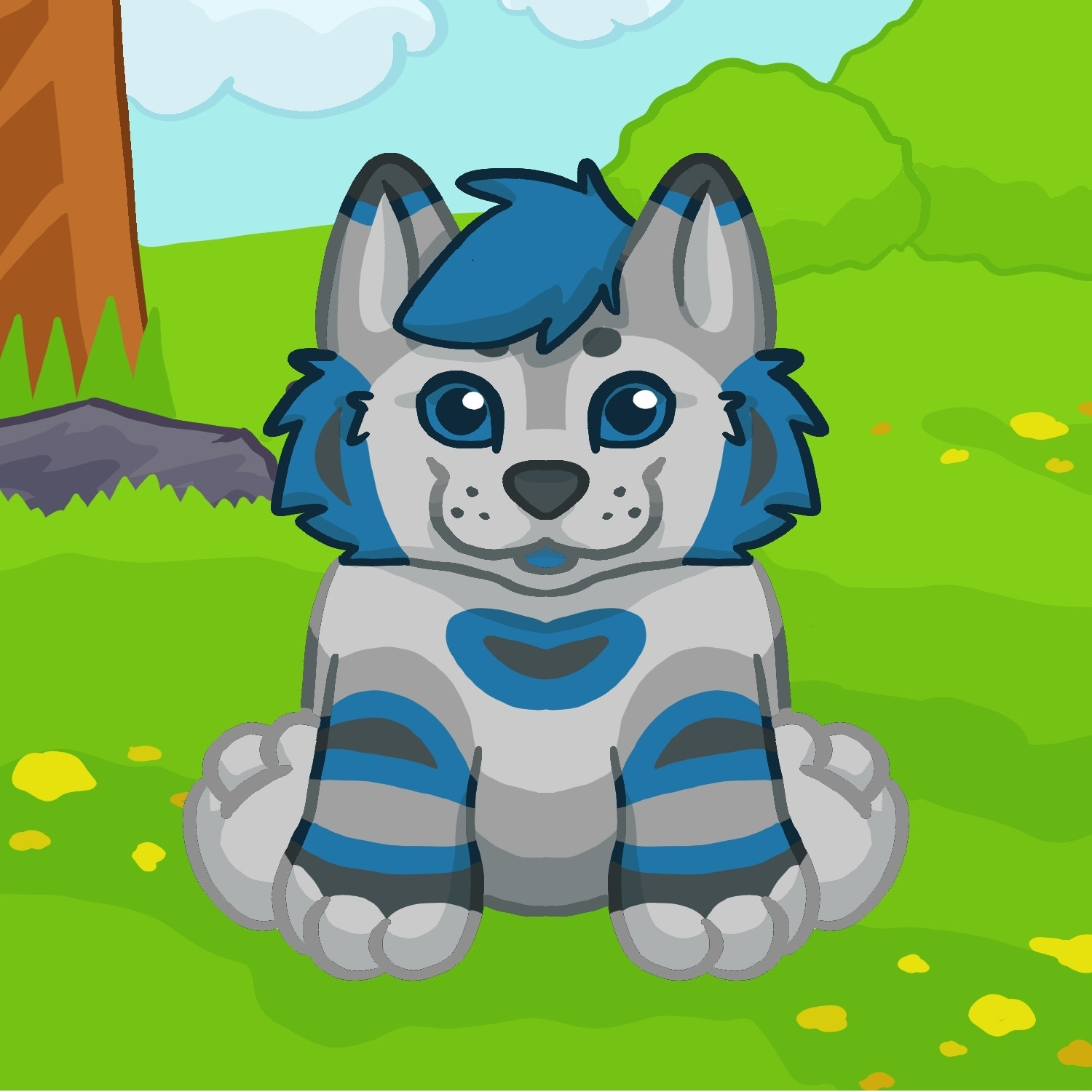 My blue and grey husky fursona, Enzo, in the style of the online Webkinz game.