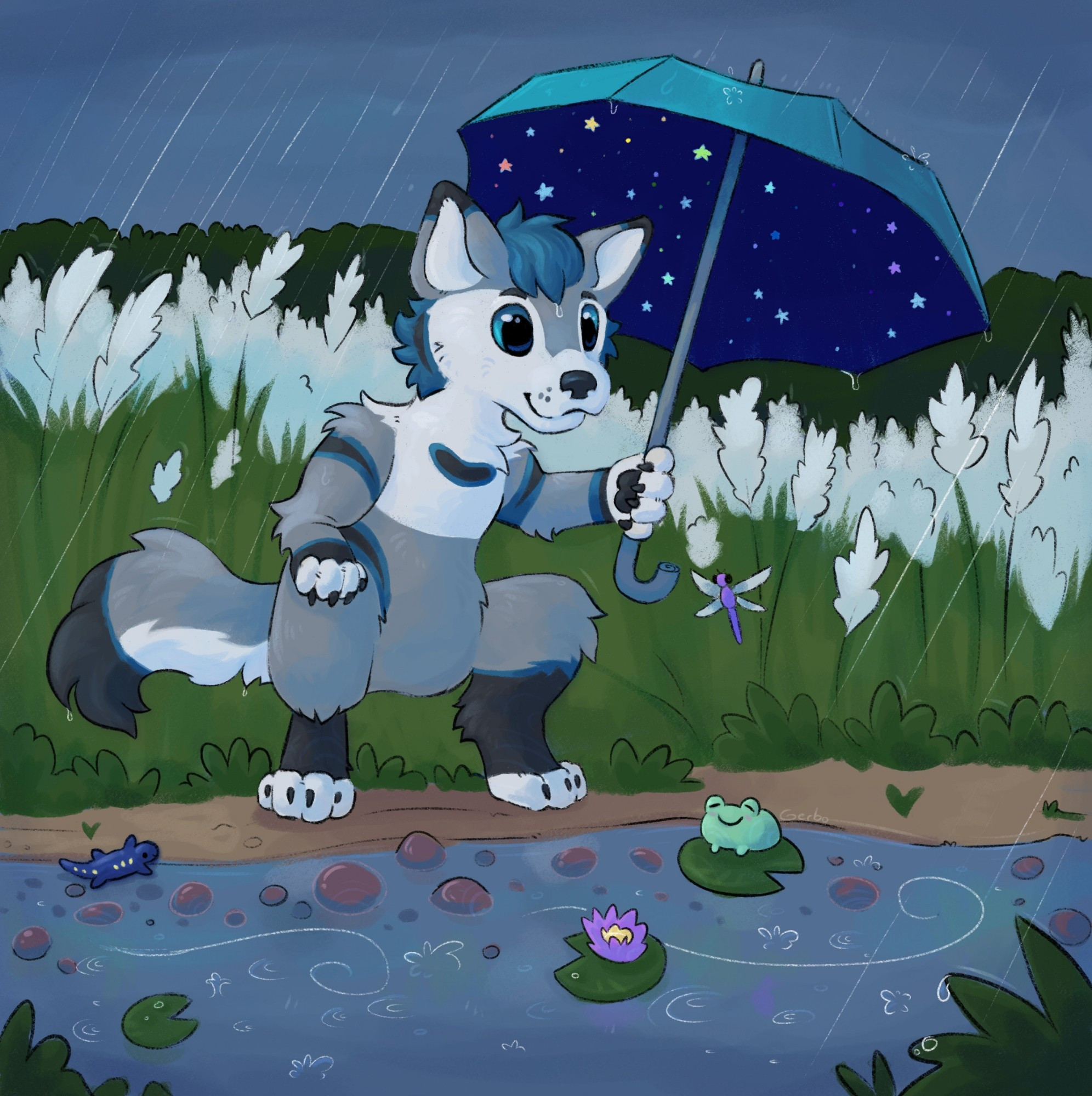 Digital art drawing of Enzo the blue and grey husky. He's standing in the rain, holding an umbrella, in front of a field of white flowers and behind a river full of little critters, including a frog