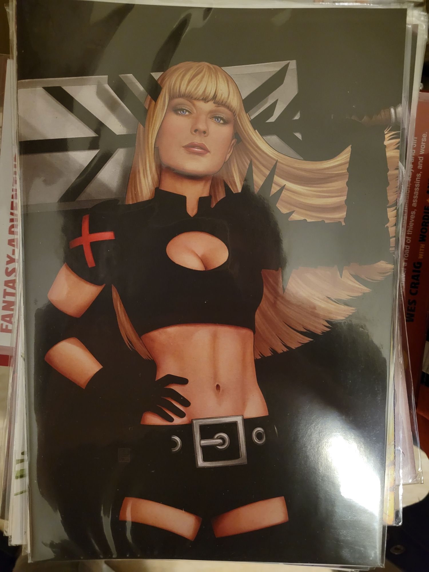 Variant cover of X-Men (2024 series) issue #1 by John Tyler Christopher depicting Magik, in her skimpy all-black costume from the Brian Michael Bendis/Chris Bachalo Uncanny X-Men run (which she's wearing regularly again), against a black background, with no trade dress (Marvel Comics, 2024)