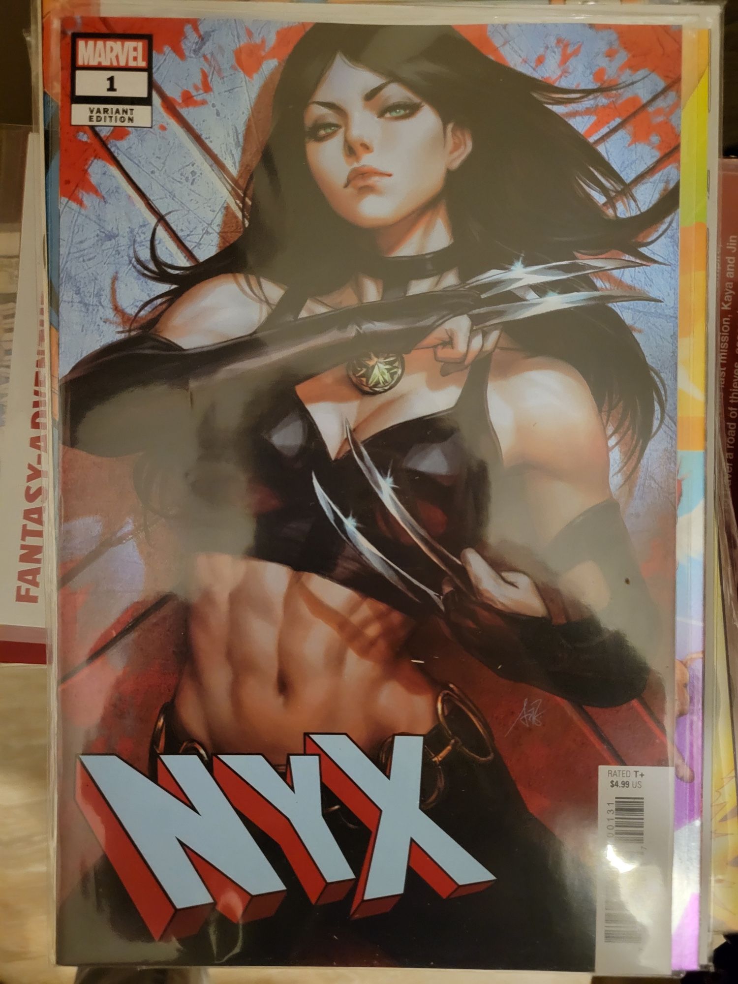 Variant cover of NYX (2024 series) issue #1 by Stanley "ArtGerm" Lau of Laura Kinney in her old sports-bra-and-gold-links-belt X-23 duds against a bloody backdrop; her abs are RIDICULOUSLY sculpted (Marvel Comics, 2024)