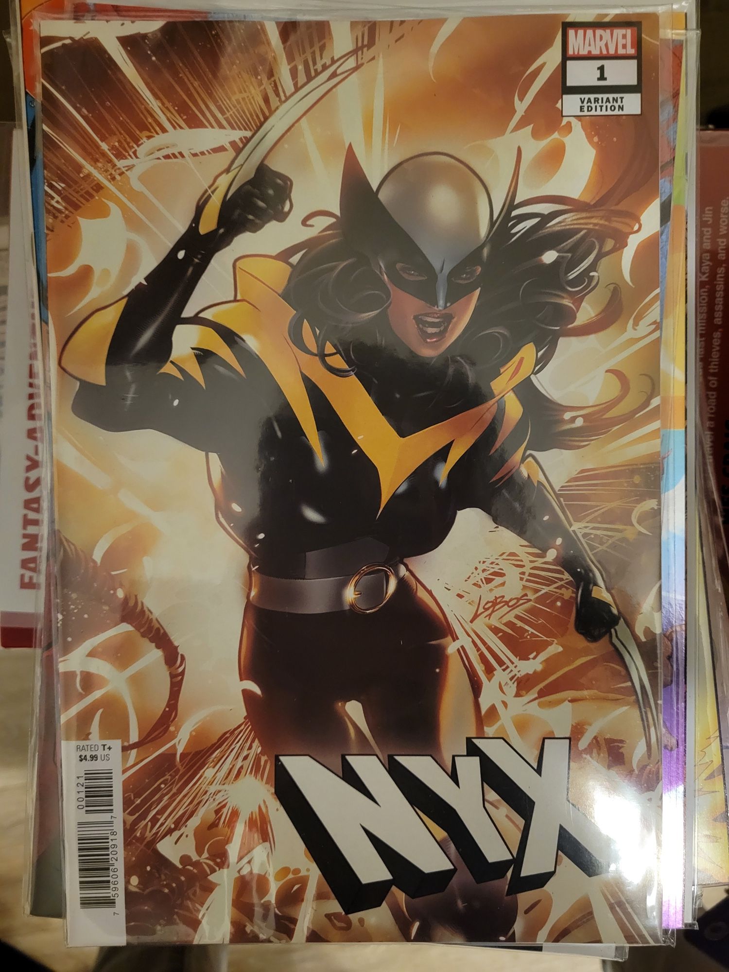 Variant cover of NYX (2024 series) issue #1 by Pablo Villalobos featuring Laura Kinney in her new Wolverine costume with the baggy jacket/hoodie(?) in front of an explosion (Marvel Comics, 2024)