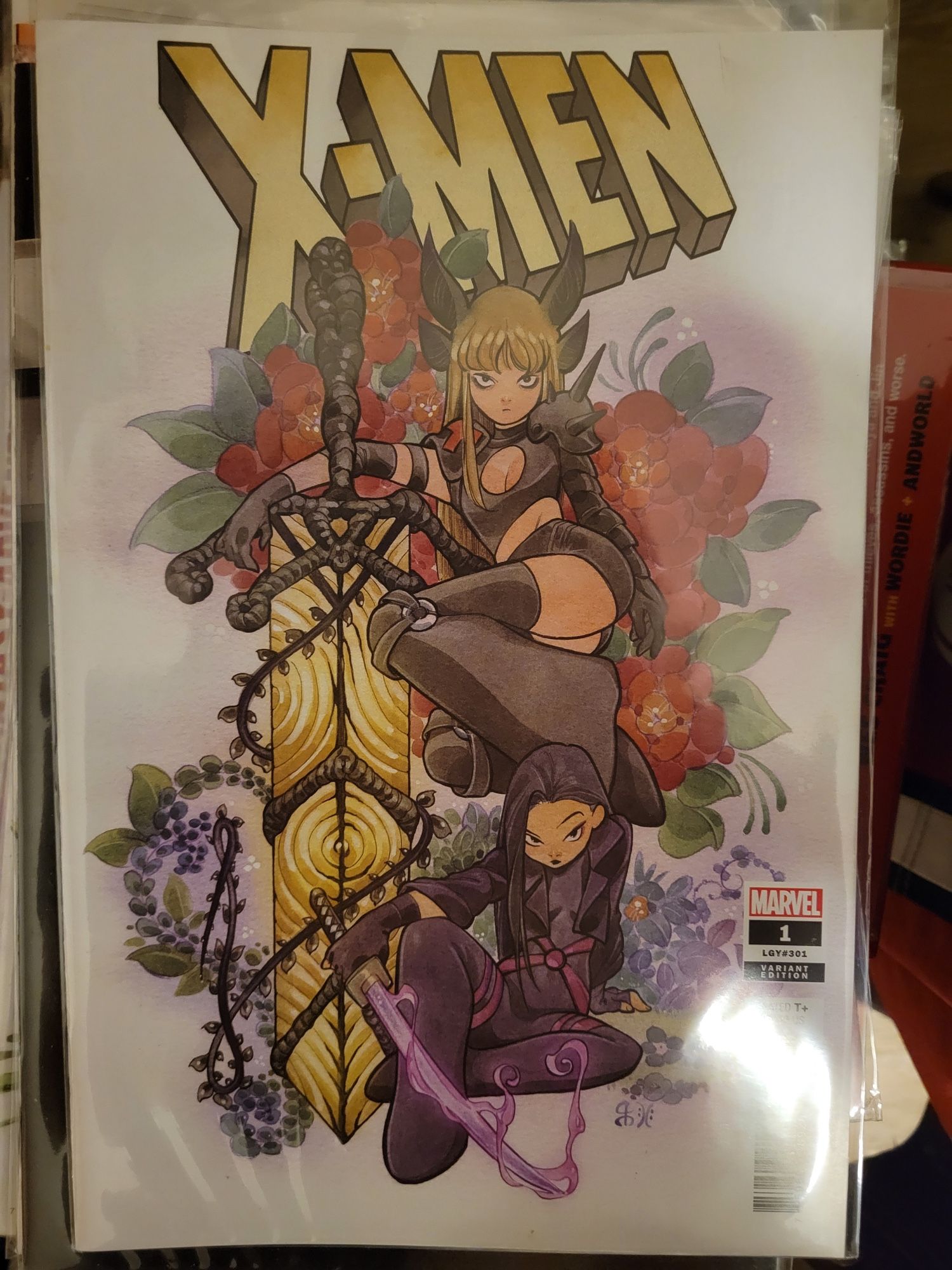 Variant cover of X-Men (2024 series) issue #1 by Peach Momoko depicting Magik and Psylocke on a stark white background surrounded by flowers (Marvel Comics, 2024)