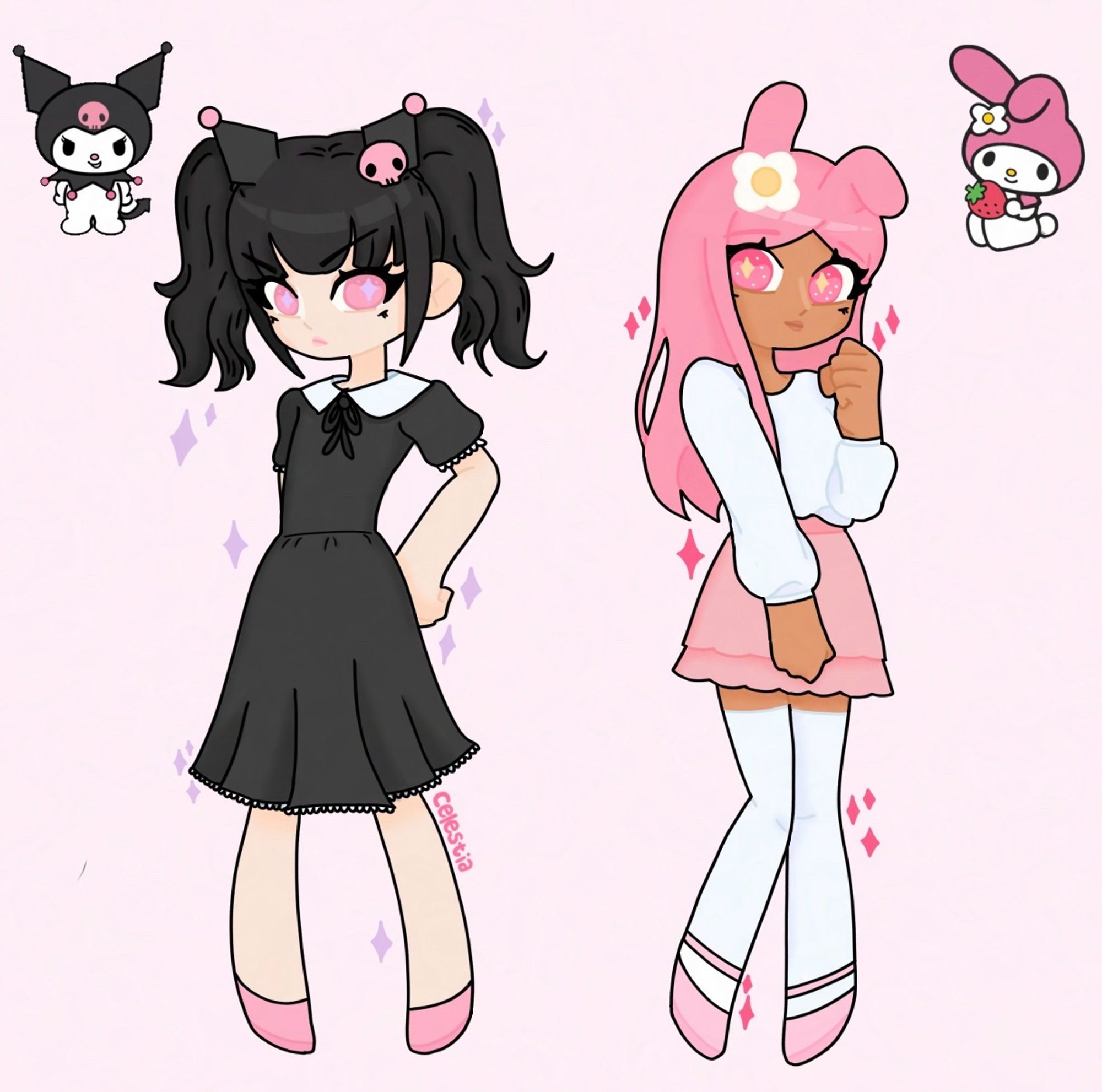 Fundo rosa claro com versão humanizada da kuromi (pele branca, cabelos pretos preso em maria chiquinha, olhos cor de rosa, vestido preto e sapatos rosas) e my melody (sapatos rosa claro, meias brancas até as coxas, saia rosa avermelhada, blusa branca de manga comprida, pele marrom, cabelos rosas compridos e olhos em um rosa mais escuro)