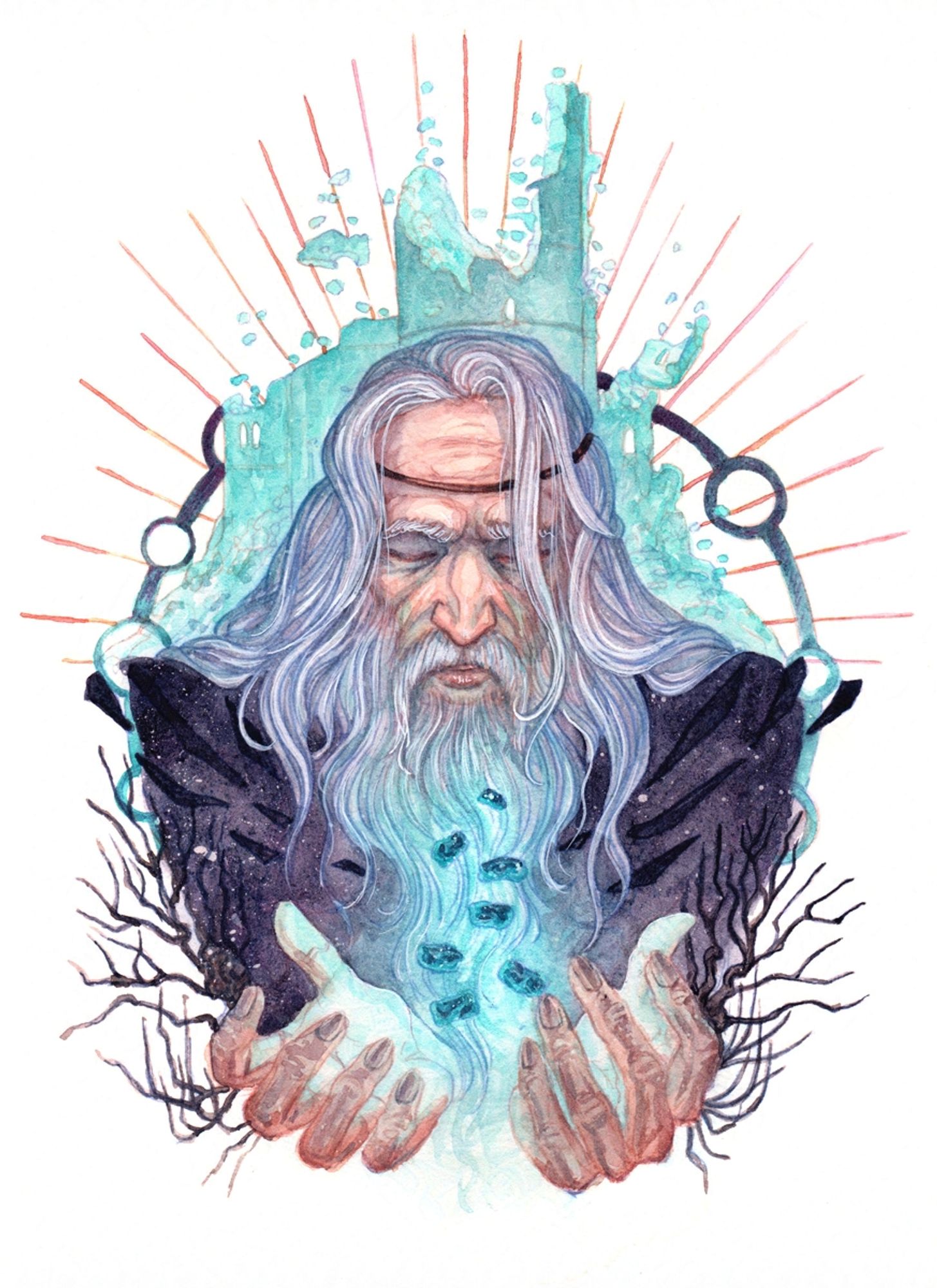 A watercolor painting of Merlin in teal and purple mostly. He appears as an old bearded man with long grey hair. Fragments of ruins hover magically above his open hands. The source of the stones is behind him, a shattered fortress that is either magically crumbling, or reassembling itself.