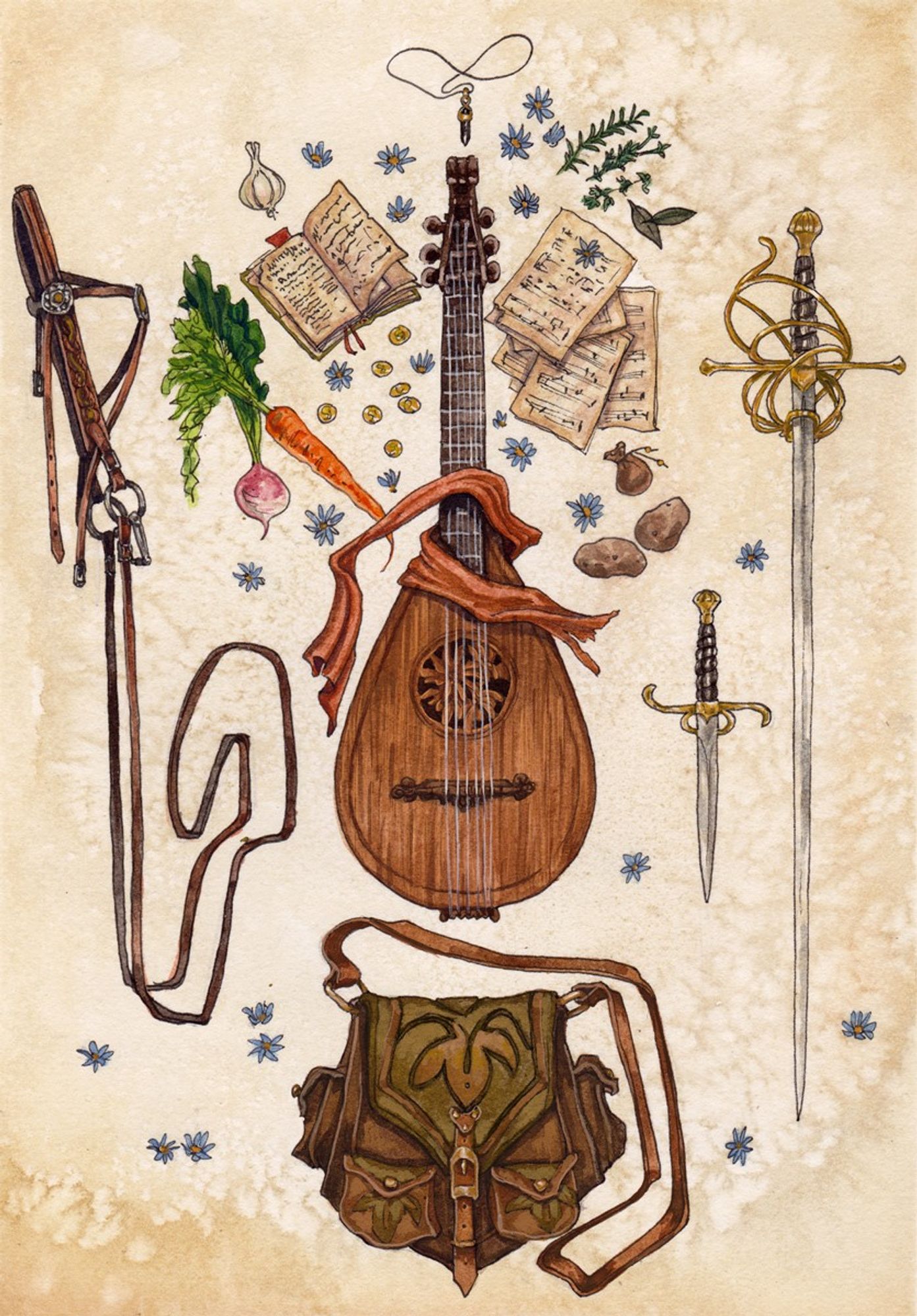 A watercolor illustration of a halfling bard's inventory featuring: a lute, a bridle, a bag, a rapier & dagger, sheet music, a journal, and various vegetables & herbs